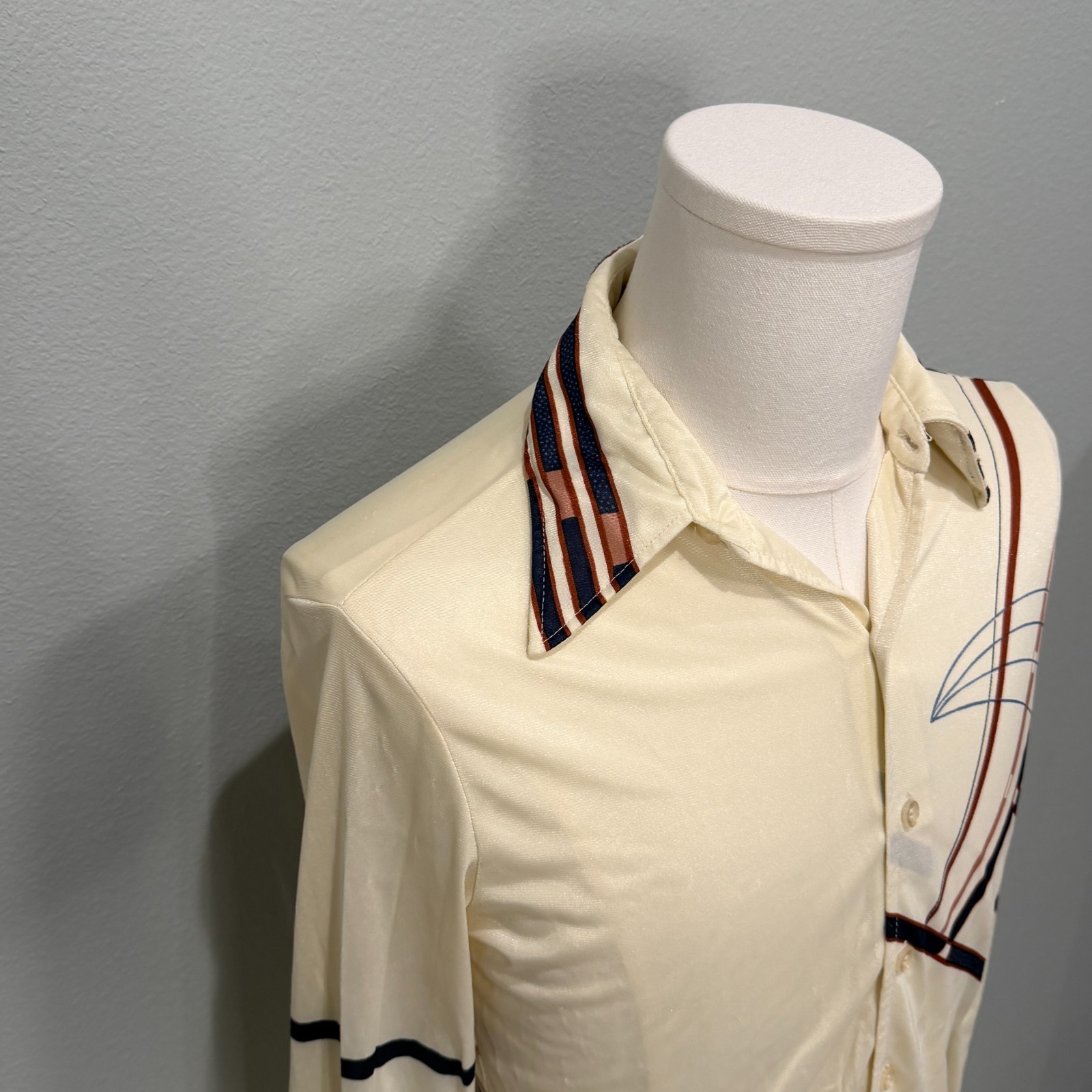 VTG 70s Hutspan Tan Black Geometric Shape Big Collar Disco Bowling Shirt, Nylon