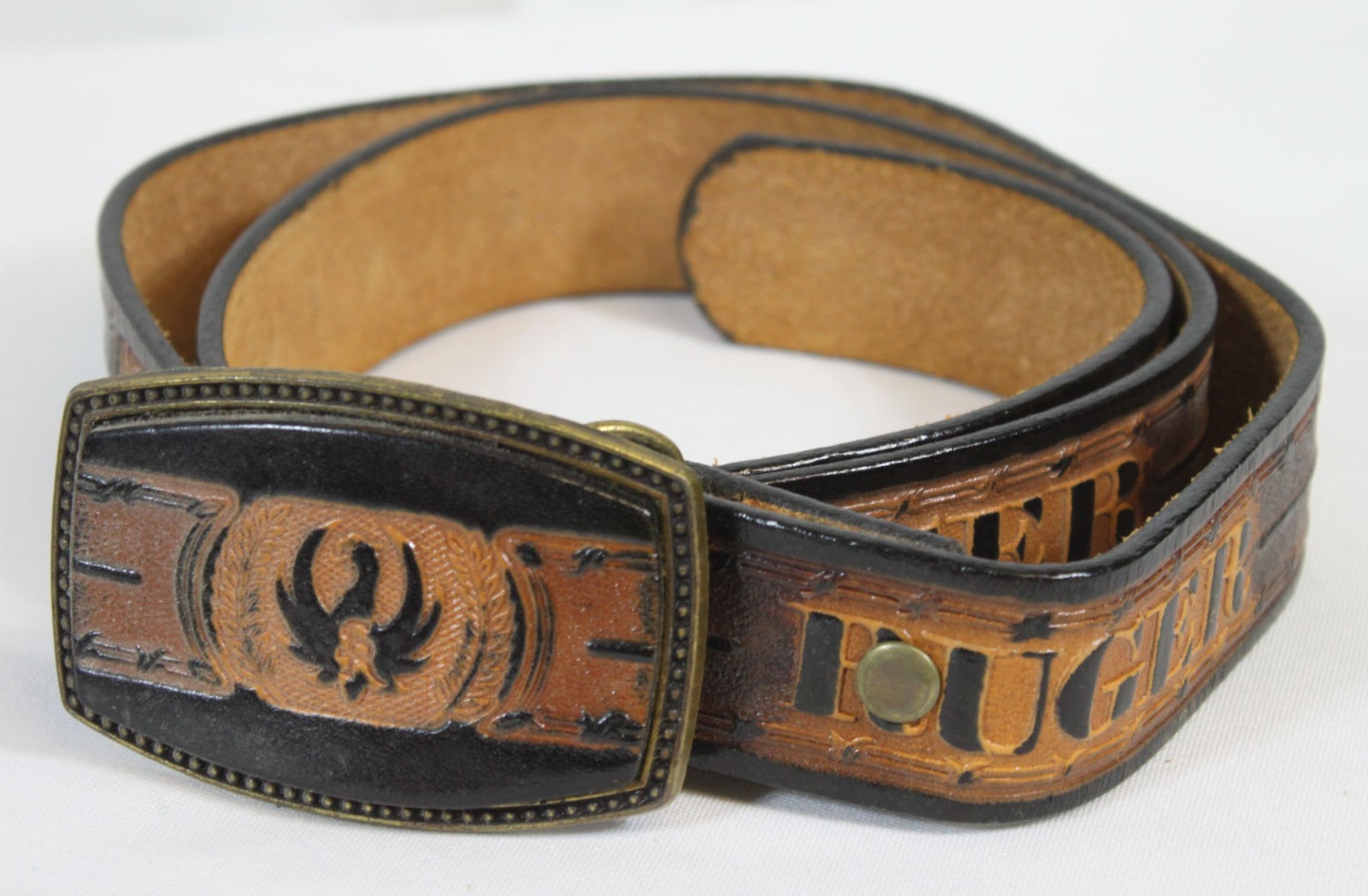 Vtg Ruger Leather Belt & Buckle Embossed Logo Alumaline 4108 Pristine 46″ Long