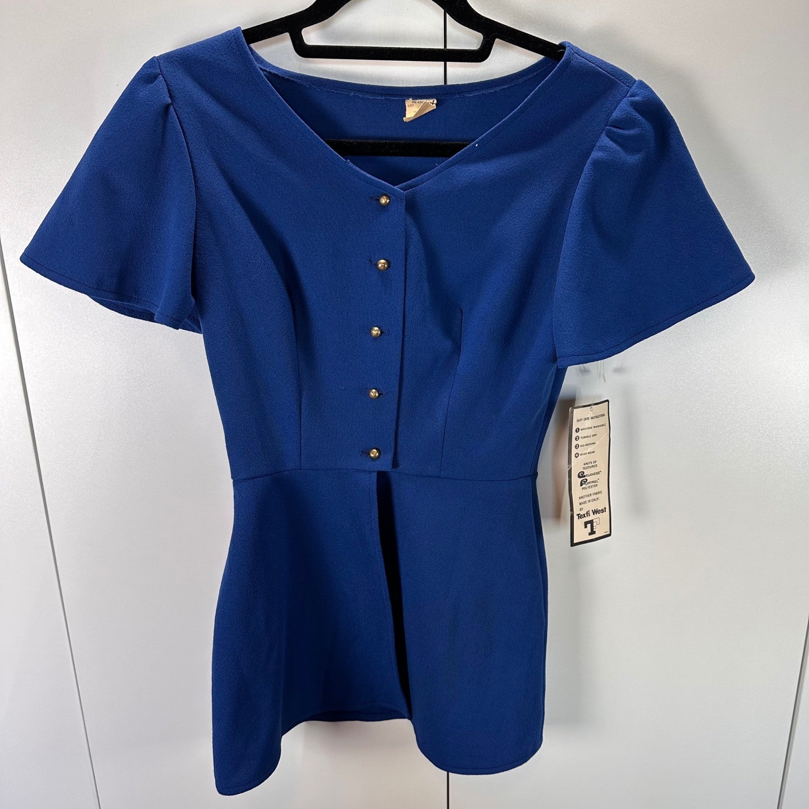 NWT Vintage Texfi West Top, Royal Blue, Butterfly Sleeve, Button Front, Size 9