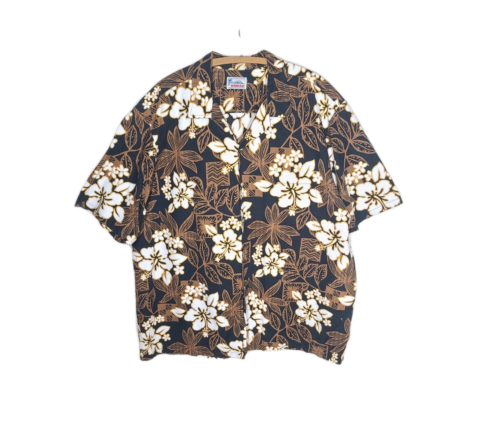 Vtg 60s Mens Hawaiian Shirt XXL Black Gold Screenprint 100% Cotton Beach