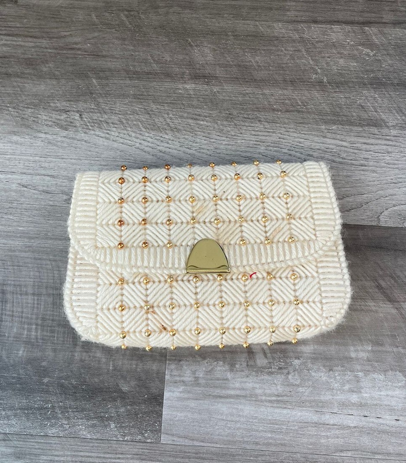 Vintage Ivory Gold Beaded Knit Clutch Handbag Purse Small Clasp 5.5×8 Classic