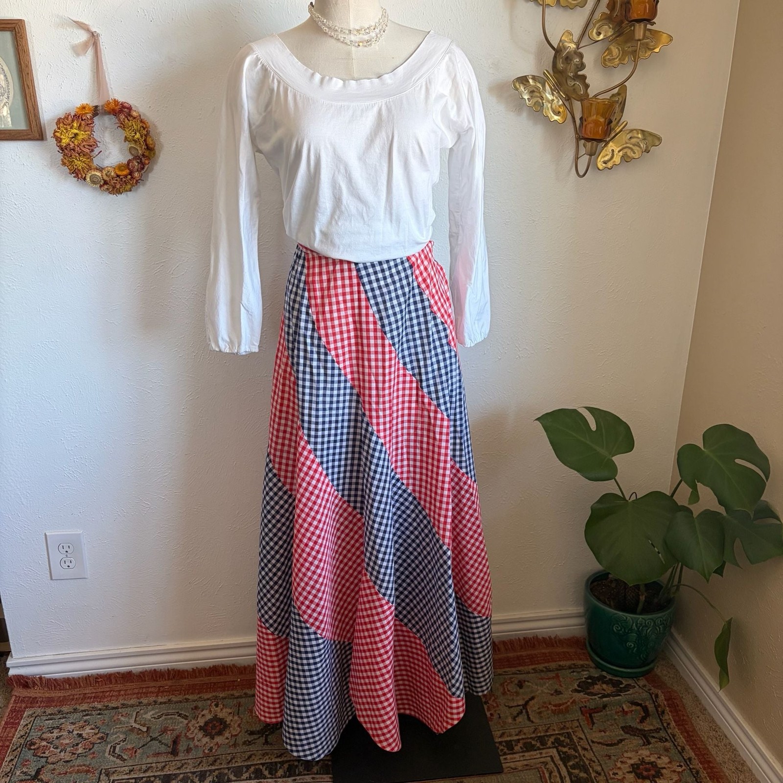 Vintage 1970s Handmade Swirled Pinwheel Gingham Maxi Skirt