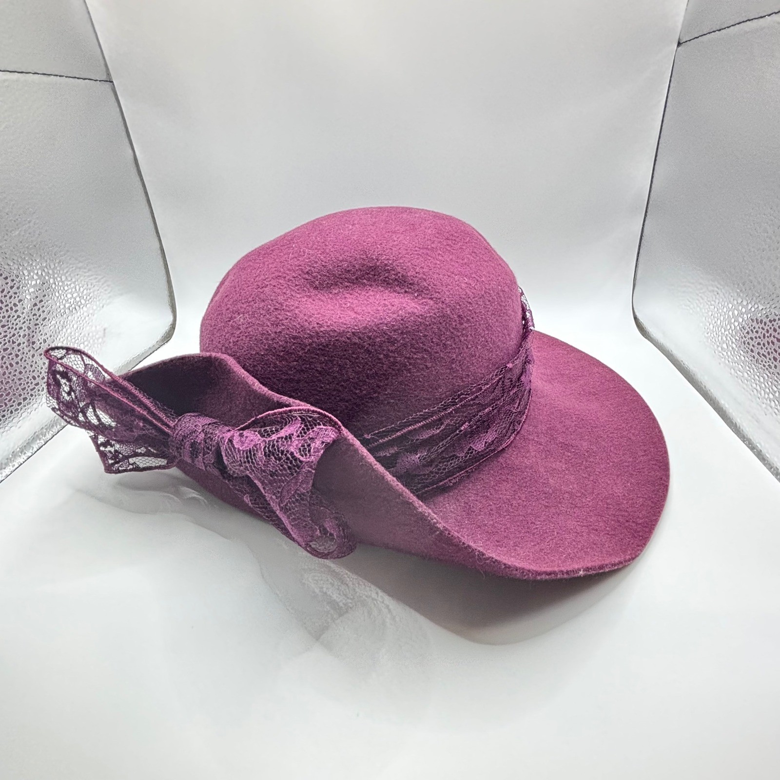 Top This Inc Vintage Magenta Wool Felt Wide Brim Hat Lace Band Bow Made in USA
