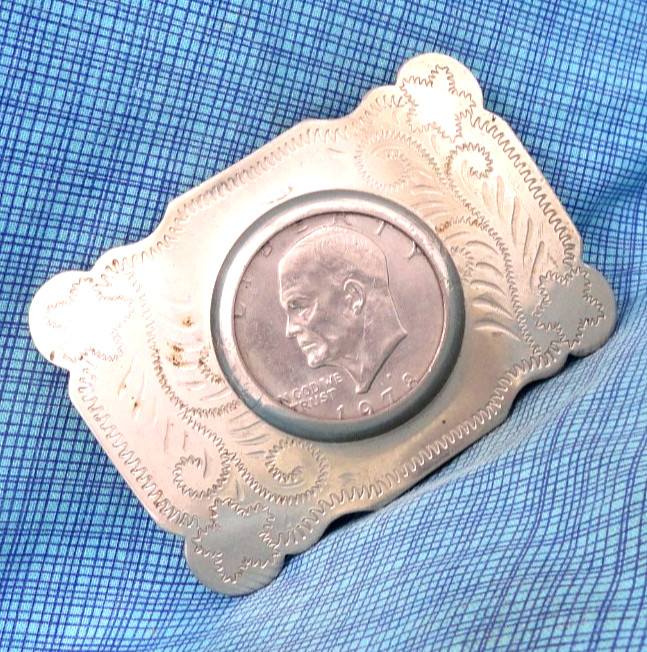 Western Eisenhower Dollar Belt Buckle Floral Scroll Cowboy Cowgirl Vtg .BLT249