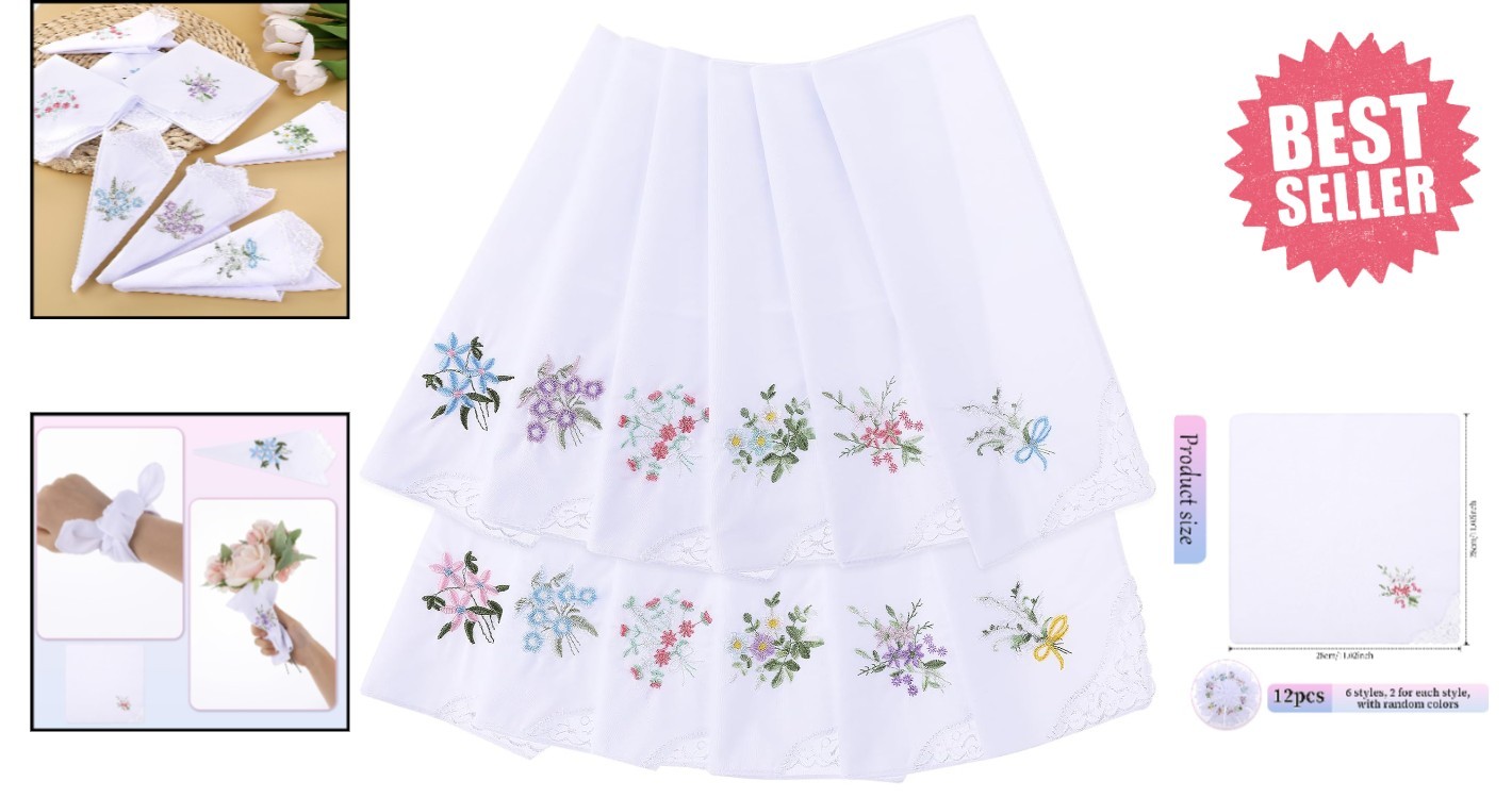 Vintage Floral Lace Handkerchiefs – 12Pcs Soft Cotton Women’S Embroidery Hankies