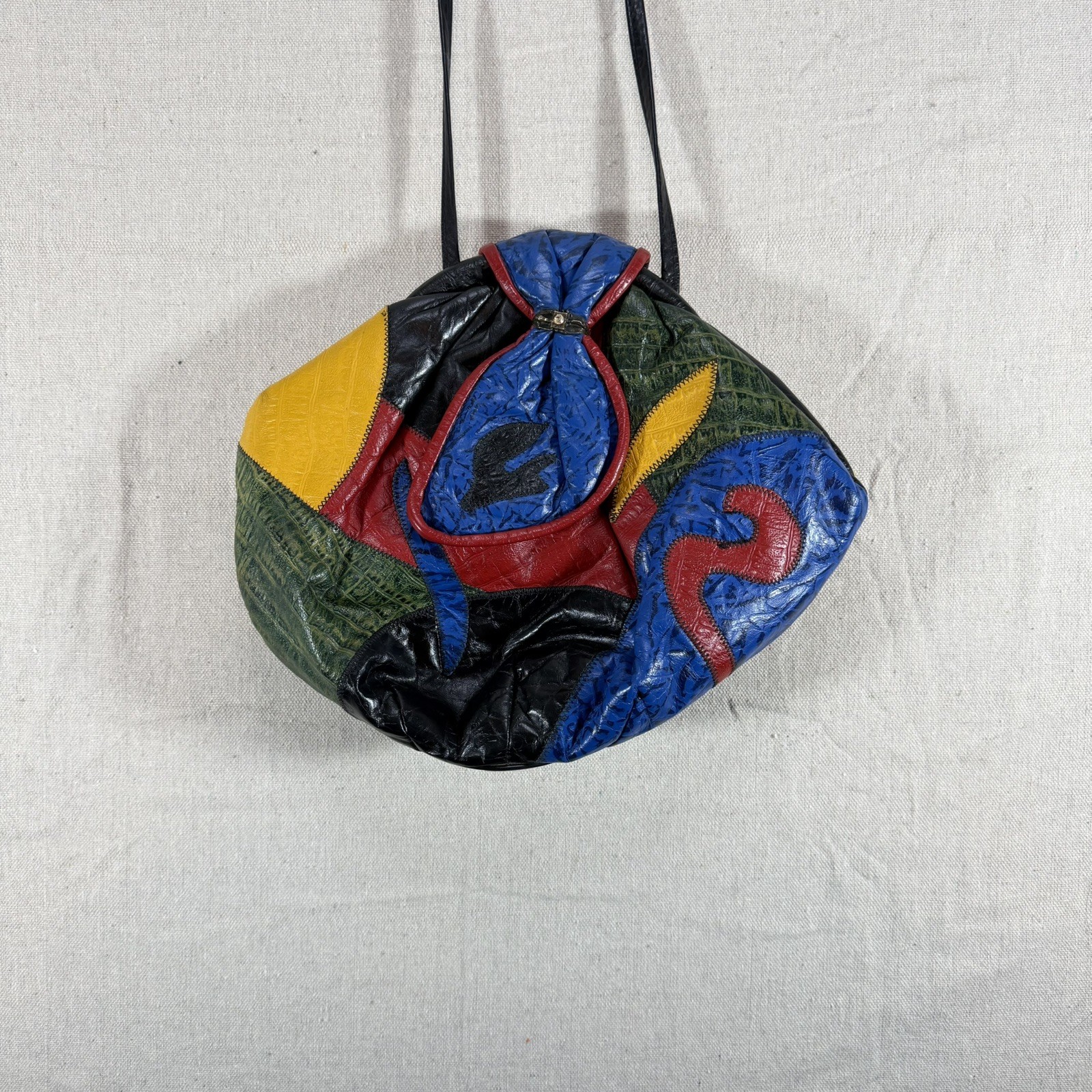 Vintage 80s Genuine Leather Patchwork Bag Colorblock Retro Purse Snap Closure