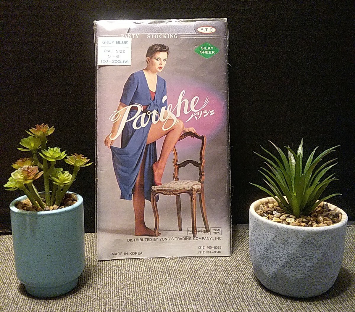 1 pair Vtg 1980’s Parishe Grey Blue Silky Sheer Panty Stocking One Size
