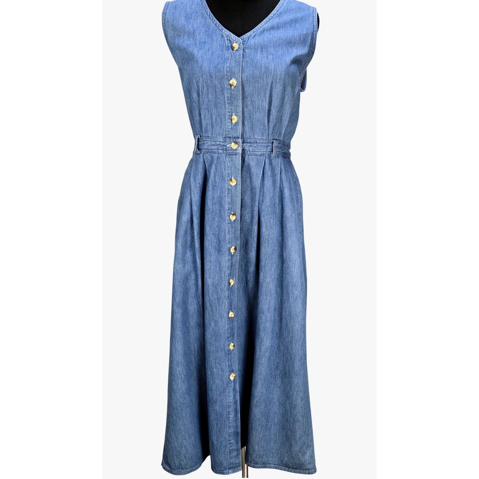 Women’s VTG 90’s L.L. Bean 12P Denim Sleeveless Jumper Button Maxi Dress Prairie