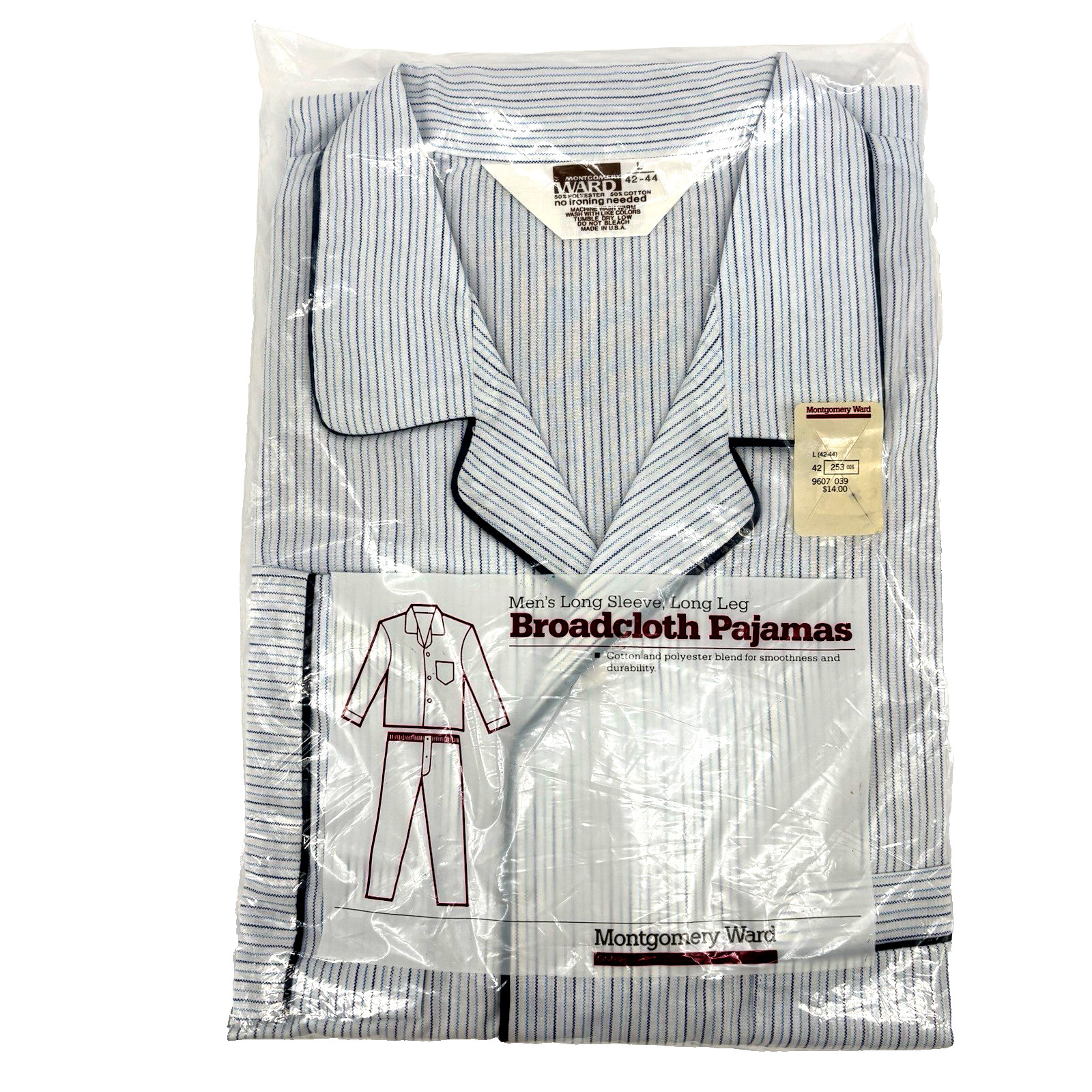 Montgomery Ward Men Pajamas Broadcloth L 42-44 Blue Stripe LS Top/Bottom VTG NWT