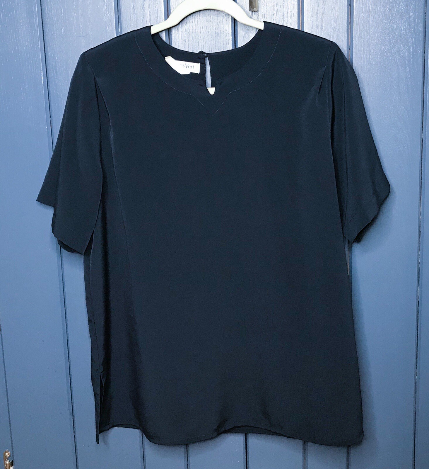 Vintage Jacques Vert Solid Navy Blue Blouse Shirt Large XL Old Money Neutral