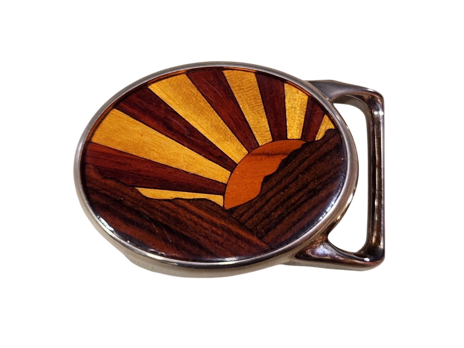 Von West Resin & Wood Inlay Sun 1970s Vintage Belt Buckle