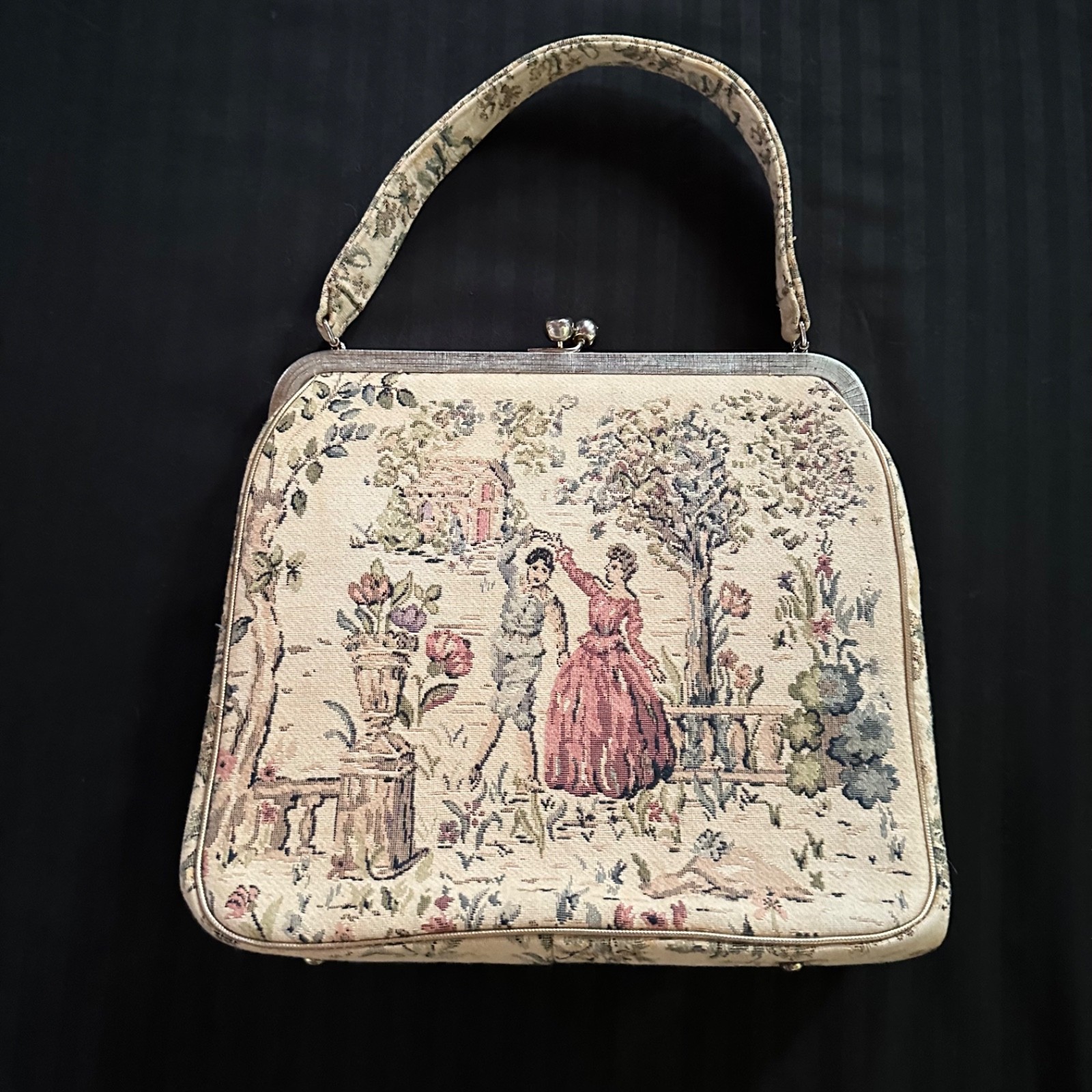 Vtg 1950s French Rococo Revival Dancers Tapestry Purse Large Handbag Cottagecore