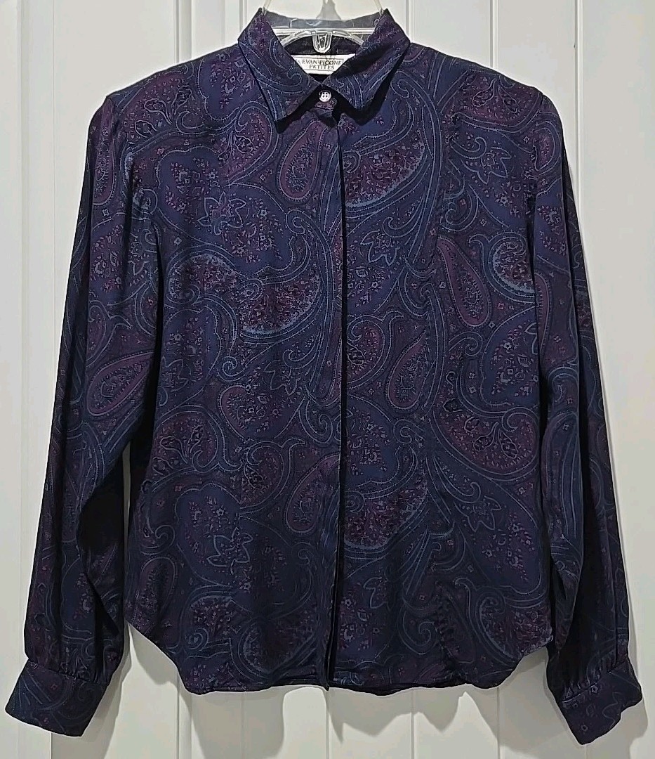 Vtg. Evan-Picone Petites Women’s Blouse Long Sleeves Dark Paisley Print – Size 2