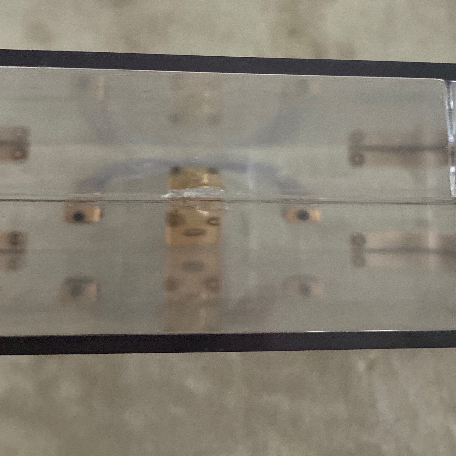 Vintage Clear Lucite Acrylic Box Purse 9.5×7.5×2.5″ Gold Hardware