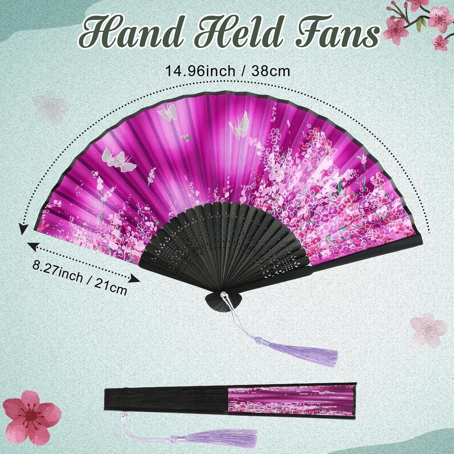 4 Pack Handheld Floral Folding Fans Hand Held Silk Bamboo Fans with Tassel Wo…