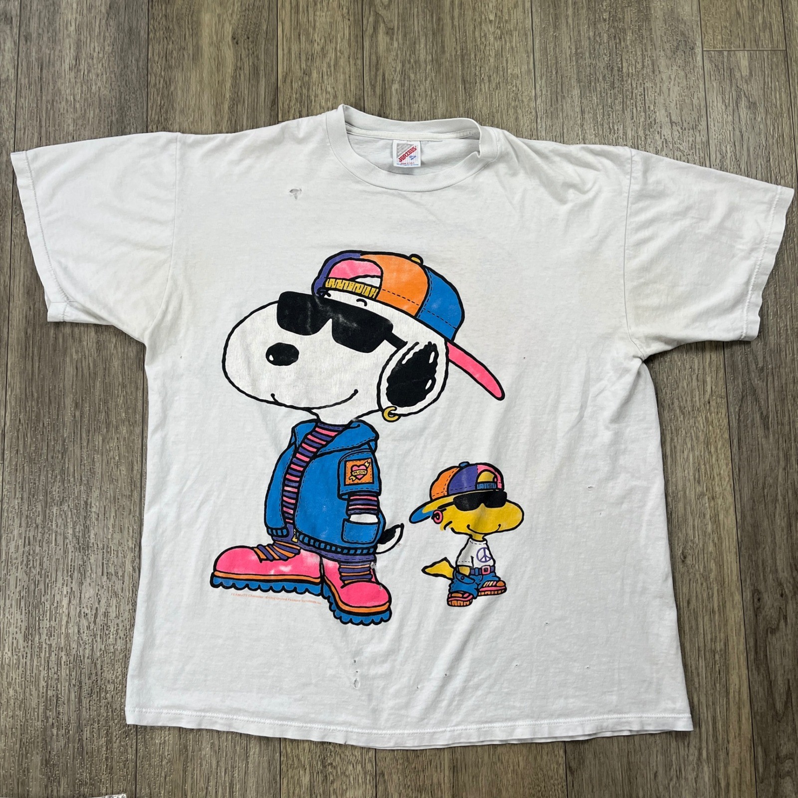 Vintage 1992 Jerzees Snoopy Woodstock Hip Hop T-Shirt White XL Distressed 90s