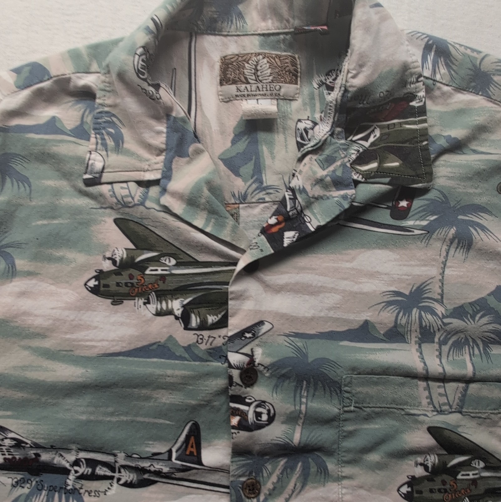 Kalaheo Men’s Large WWII Bomber Plane Hawaiian Shirt Made In USA Cotton Rayon L