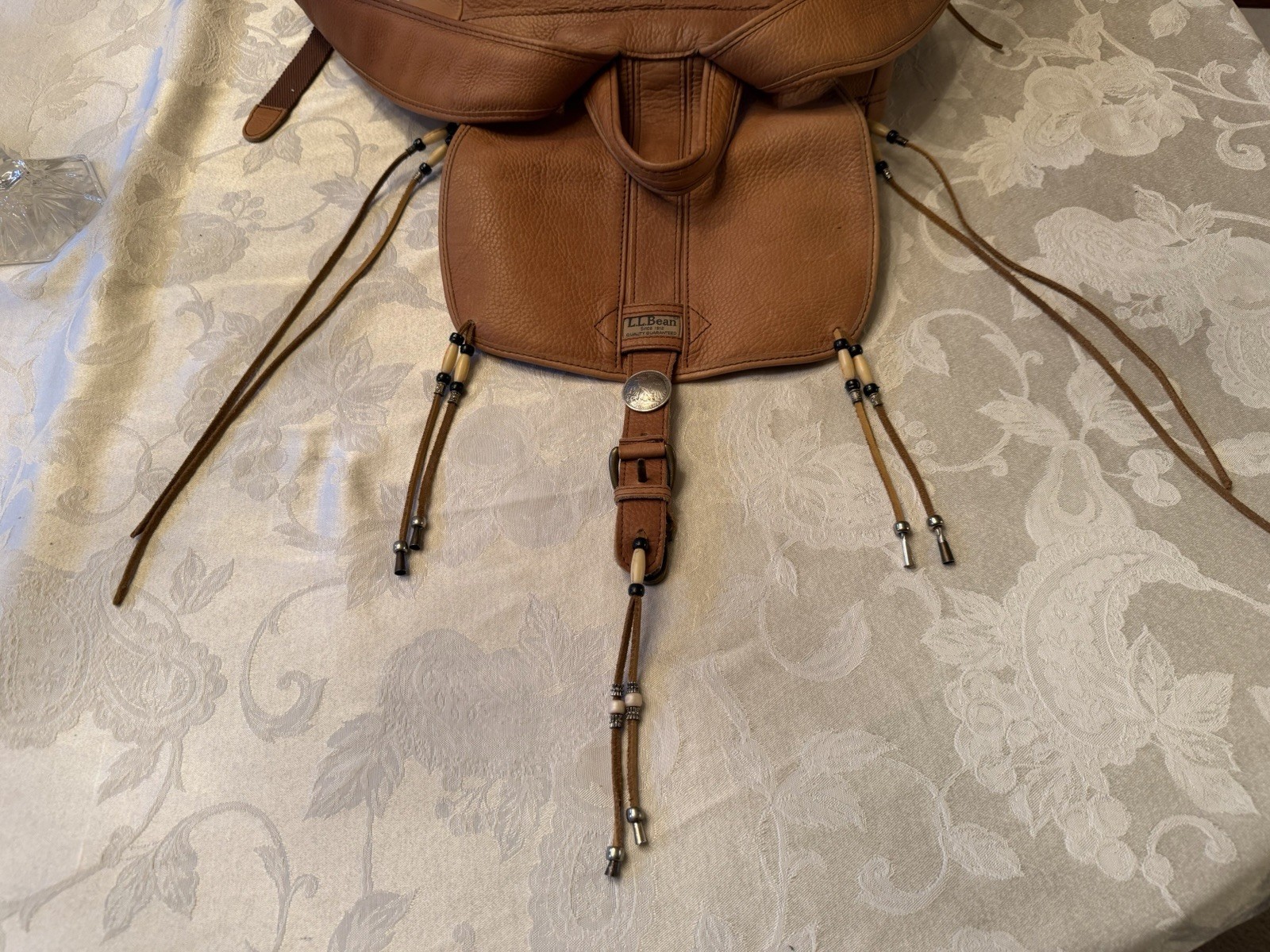 L.L Bean Large 17” Tan Pebbled Leather Rucksack Backpack Southwest Style Beads