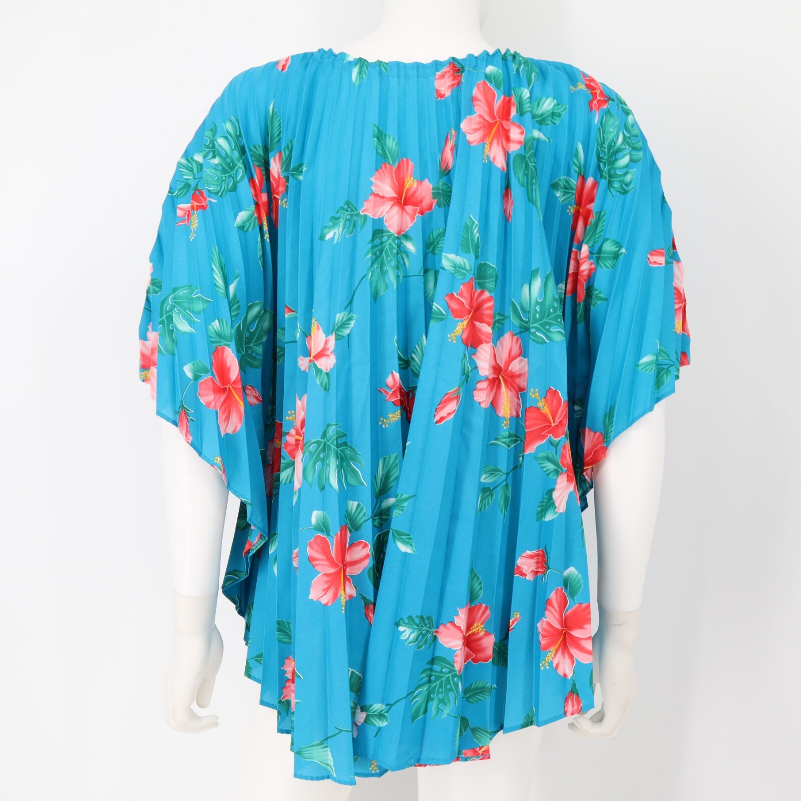 Vtg 70s Greencastle Barkcloth Top Tunic Accordion Pleats Hawaii Blue Floral O/S