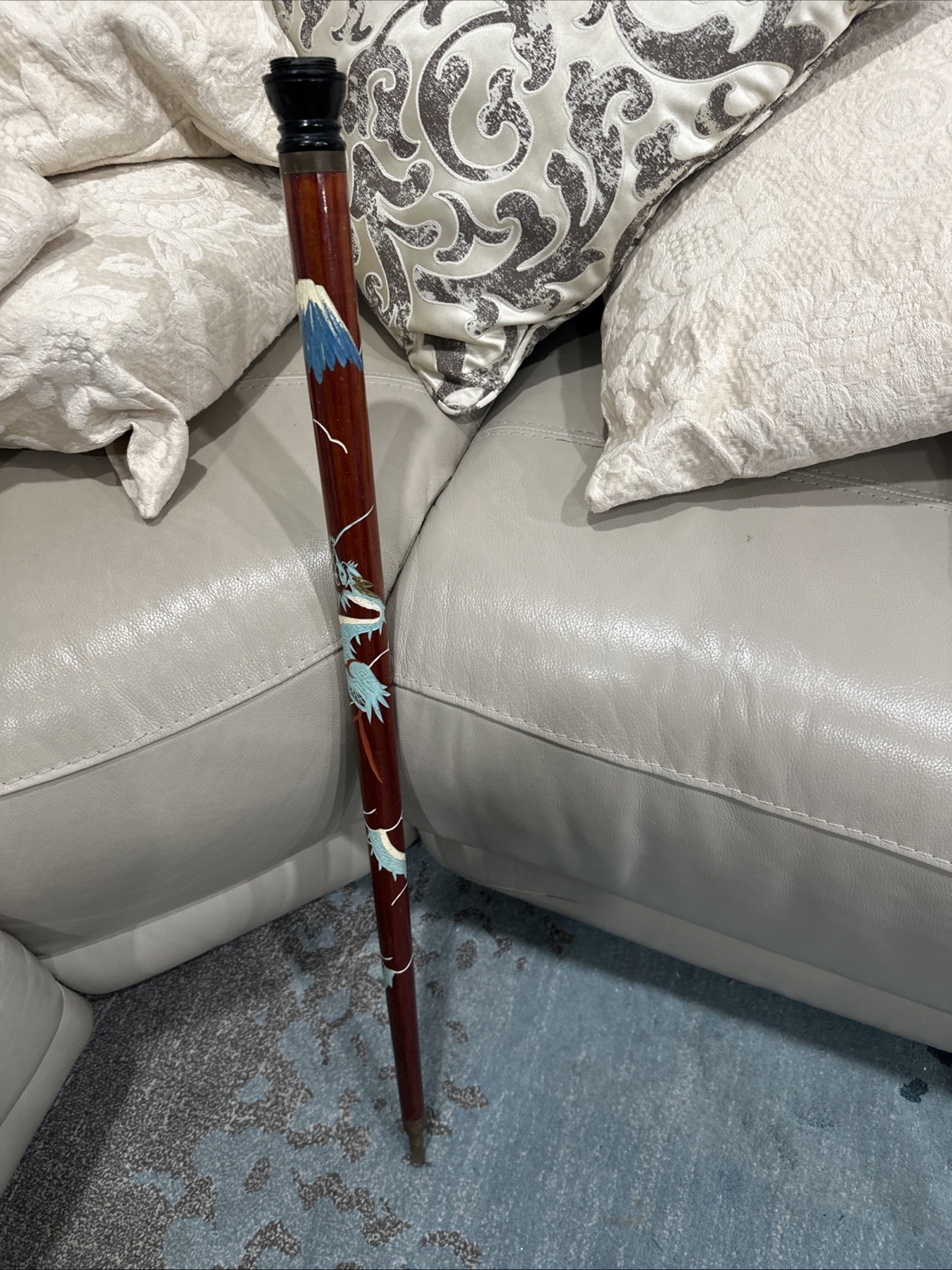 Vintage 55″ Hand Carved Wood & Brass Walking Stick / Cane & Hidden Pool Cue