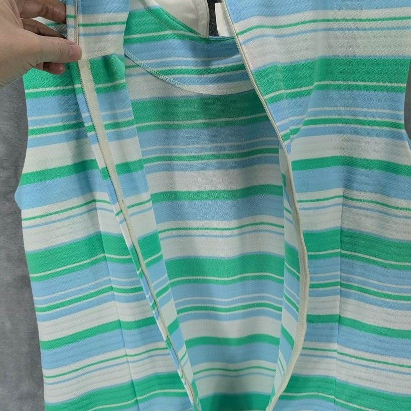 Vtg Dress Womens Medium Striped White Green Blue Sleeveless Knee Length Zip 3 PC