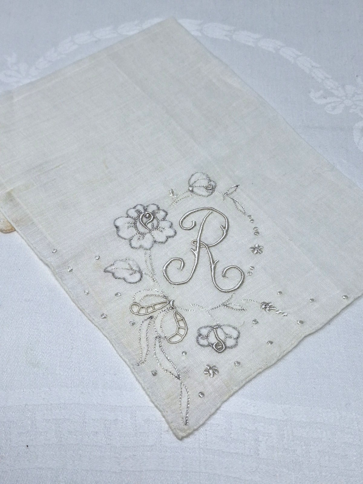 Monogram White on White Corner Madeira Letter R Hand Rolled Linen Hankie FREE