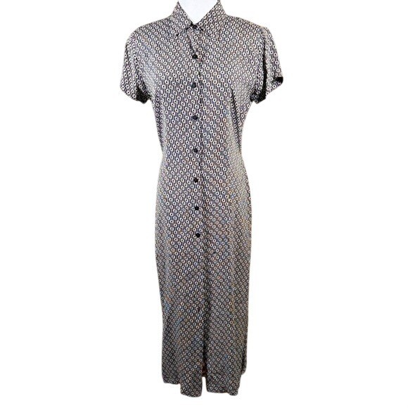 Karen Kane Vintage Black White Geometric Maxi Dress Button Front Tie Back Size 6
