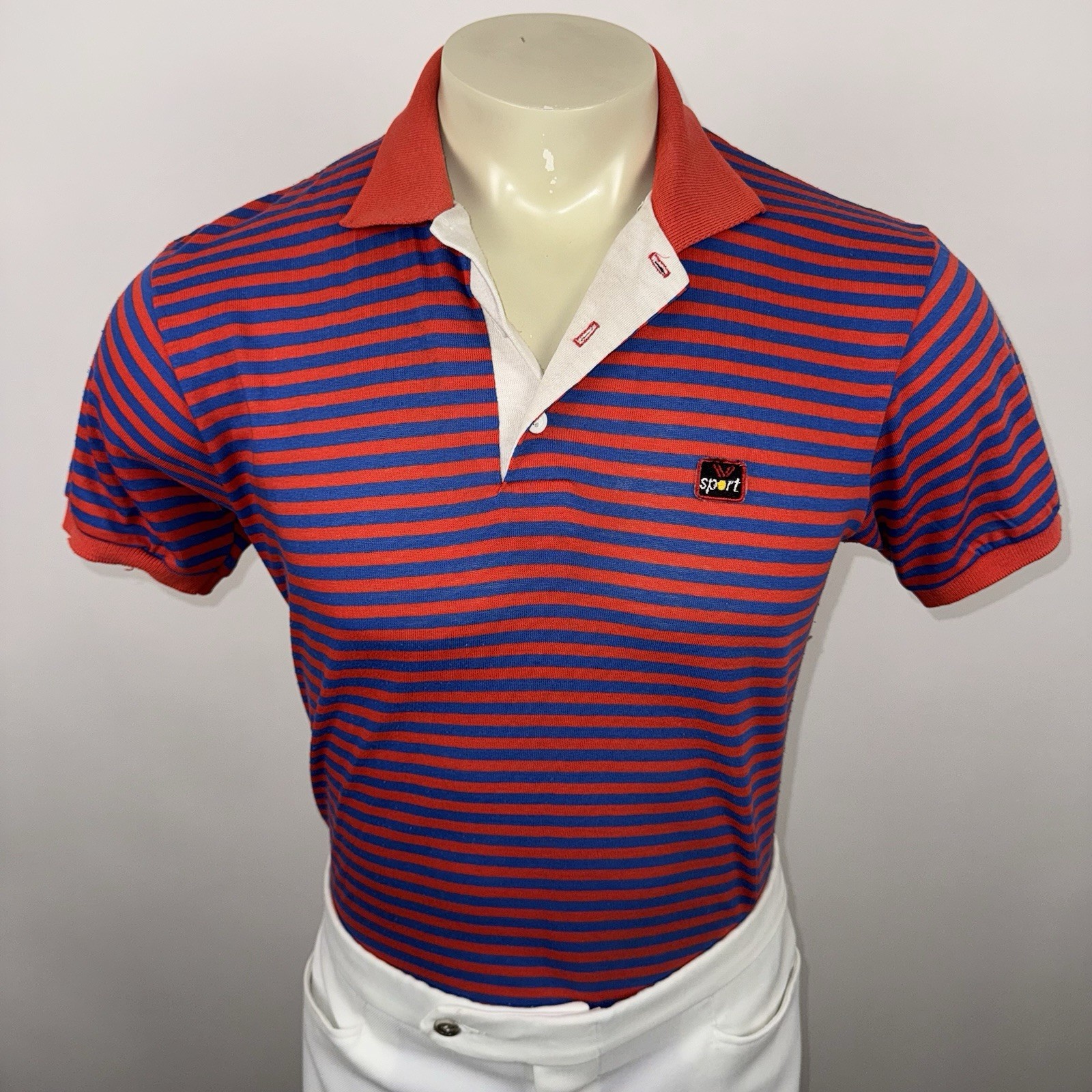 Vintage 70s 80s Sport Polo Shirt Men Medium Striped Miami Vice Tennis Surf Skate
