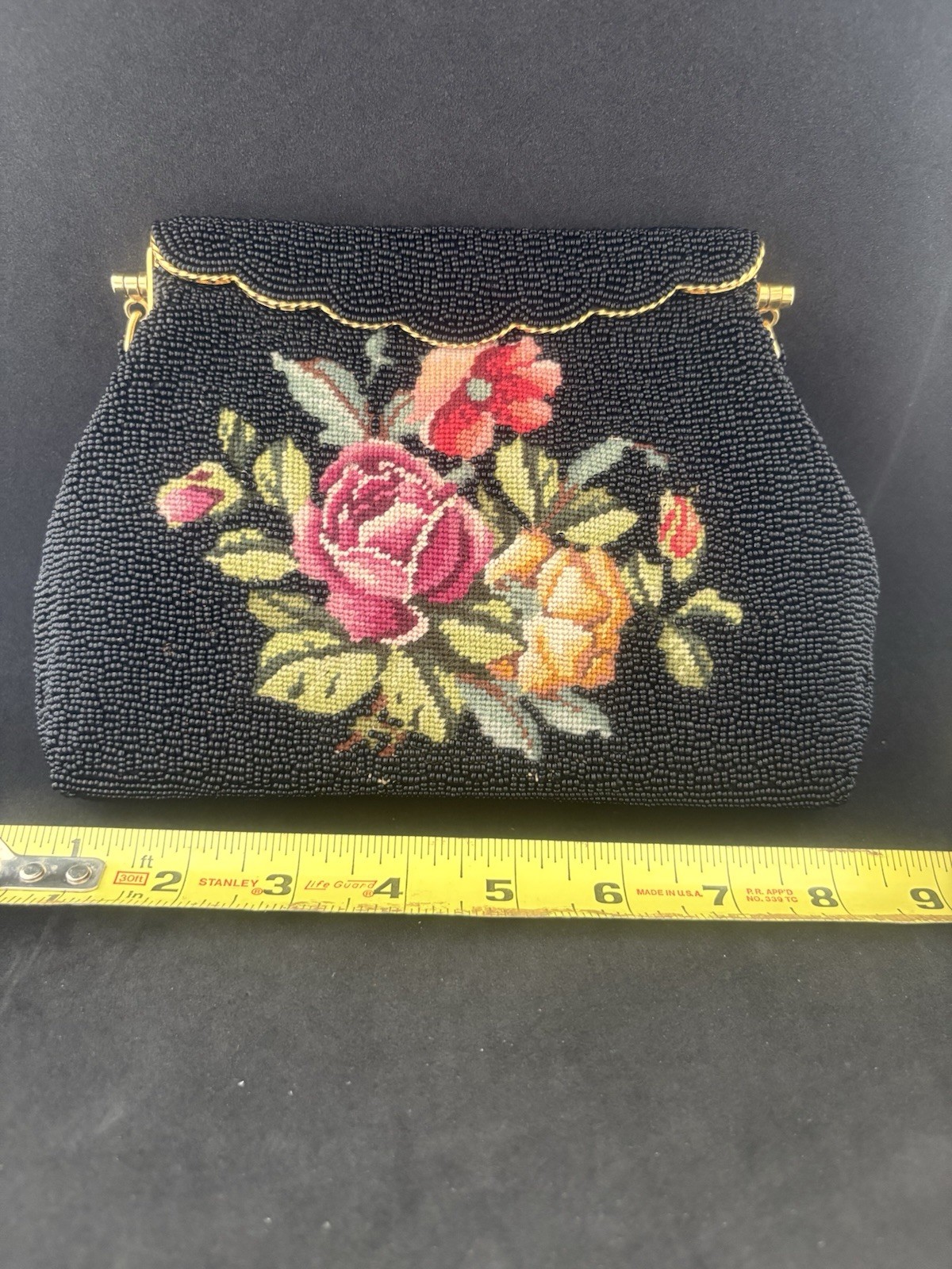 Vintage Black Beaded Handbag With Floral Needlepoint Design
