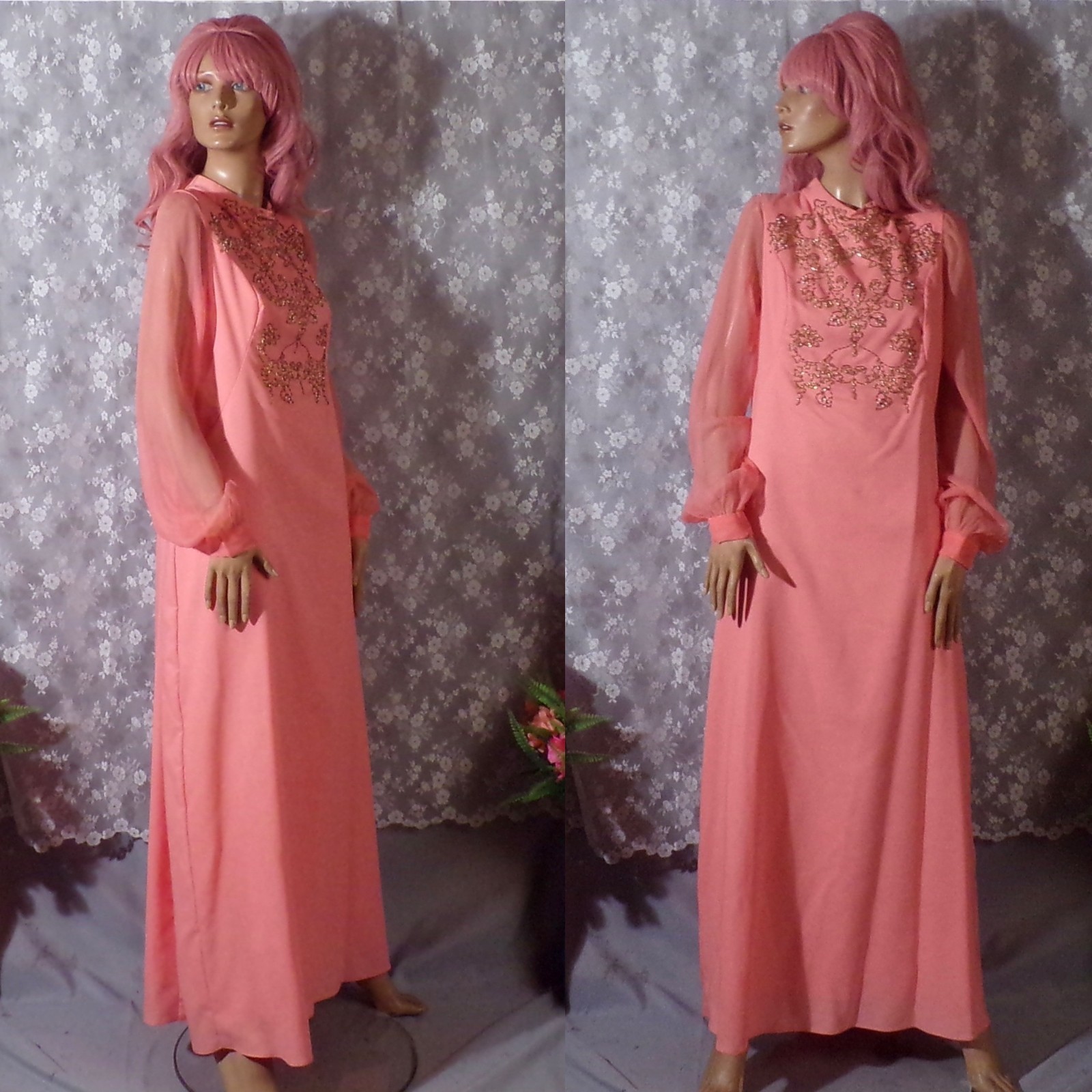 Vintage 70s Beaded Maxi Dress Size Medium 1970s Retro Coral & Gold Boho Chiffon