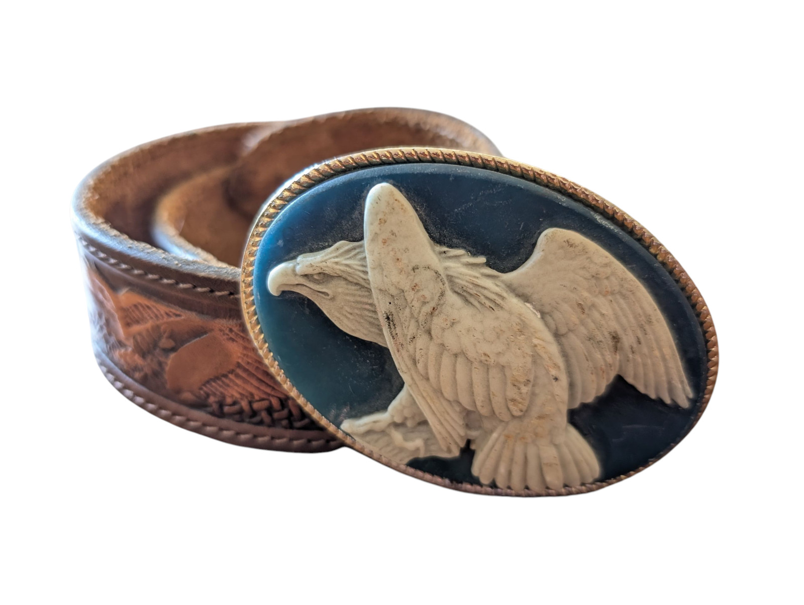 Incolay Stone American Bald Eagle Oval Cameo Belt & Buckle USA Vintage