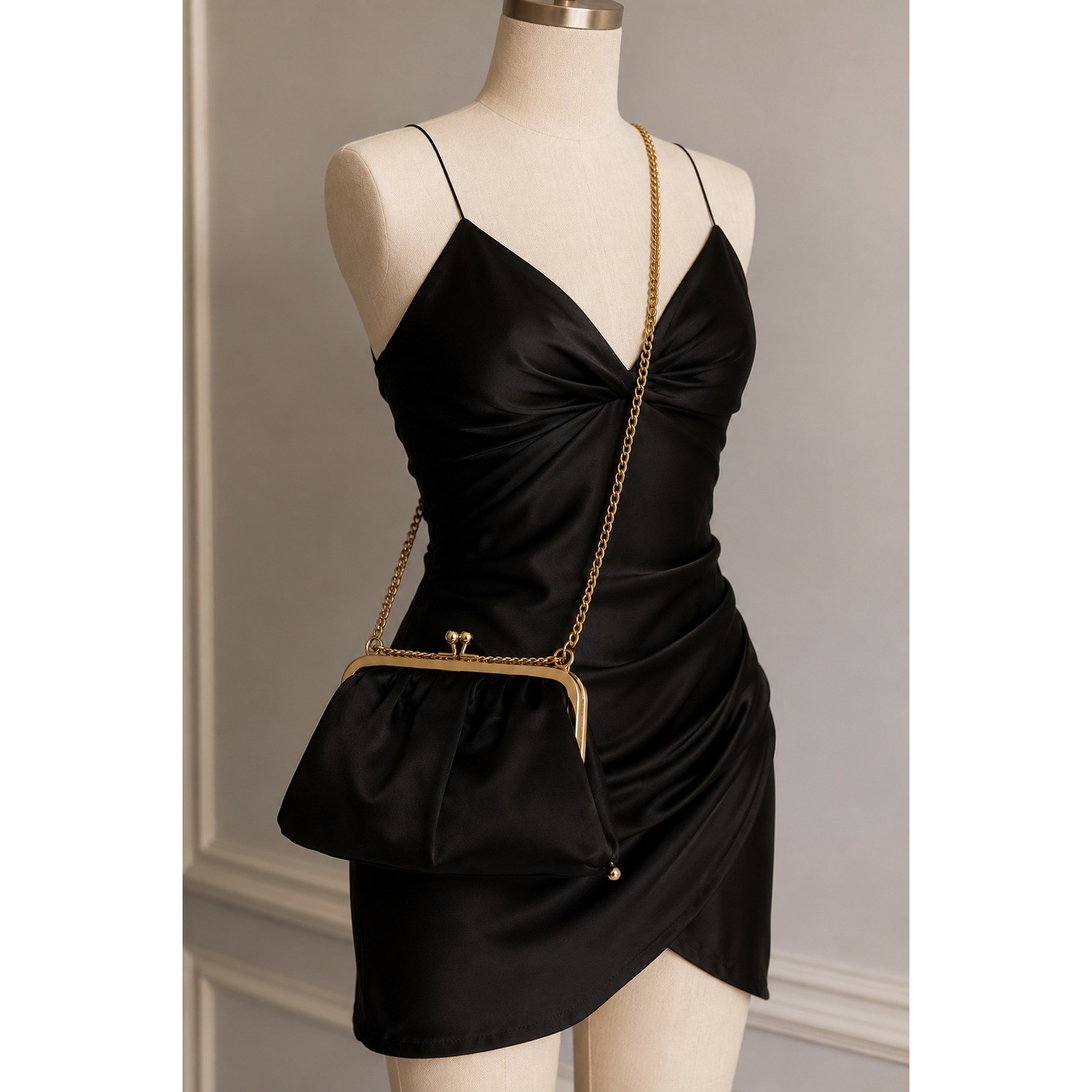 Vintage Bag Party Special Occasion Bag Chain Strap Brass Clasp Black Satin