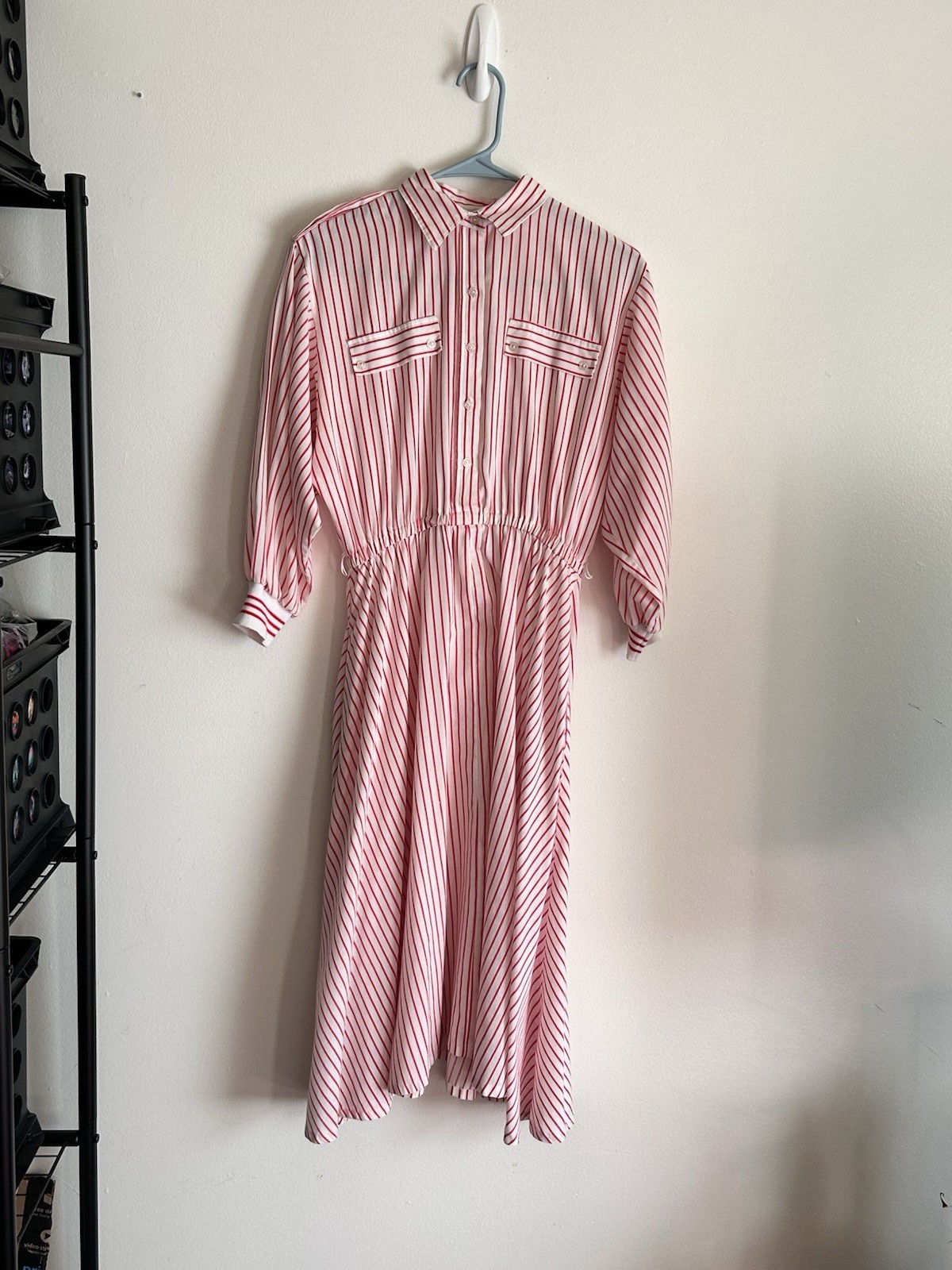 Vintage 1980s Ifi red and white candy stripe shirt dress Dolman Sleeves &Pockets