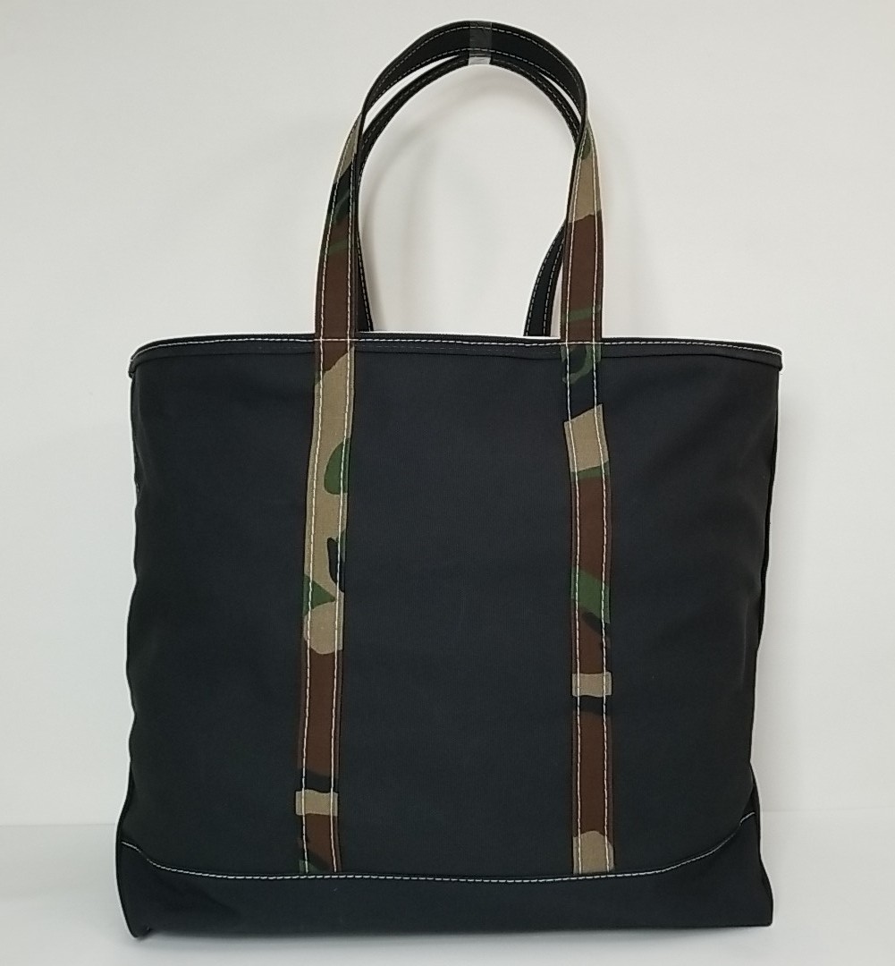 LL Bean Boat and Tote XL Black Canvas Camo Long Handles Custom Tote Bag Zip Top