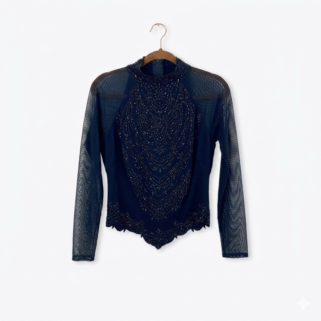 Vintage Tadashi Shoji Beaded Mock Neck Mesh Top Black Goth Glam Whimsigoth