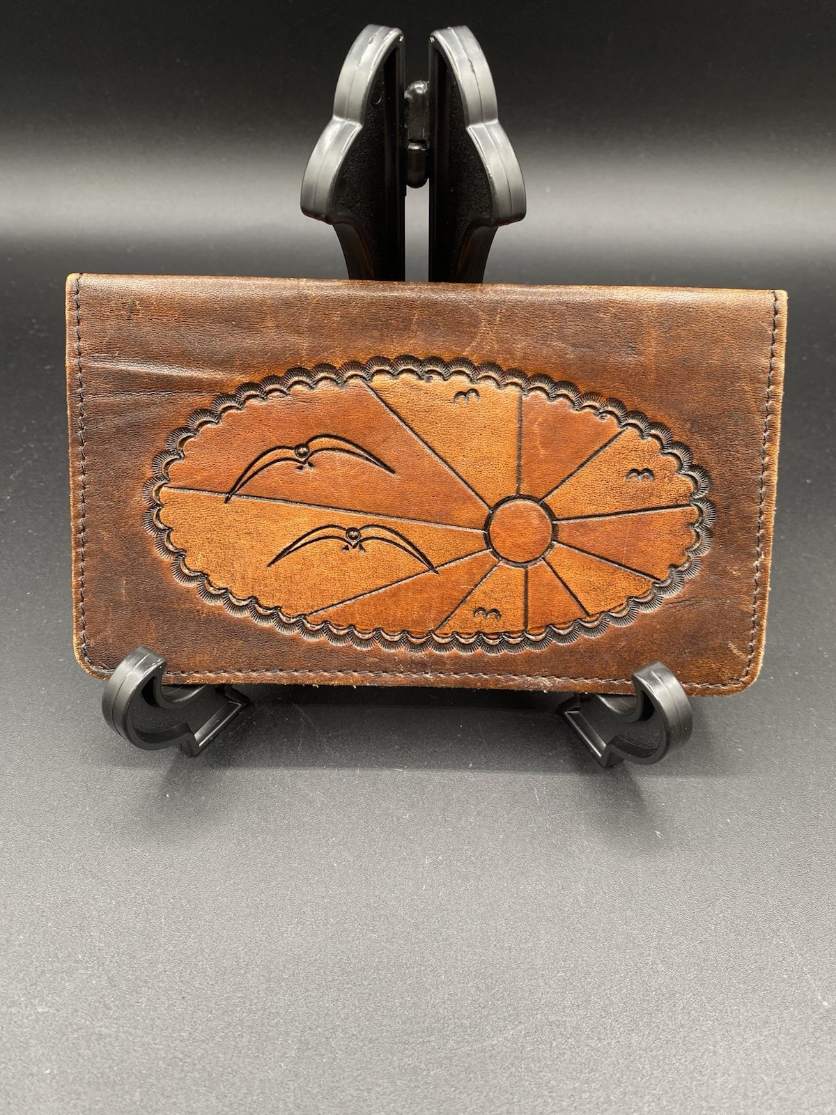 Vintage Hand Tooled Leather Embossed Brown Checkbook Cover Bird Design