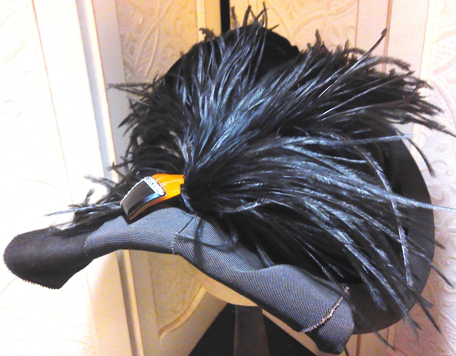 Vintage Antique Hat Black w/Plume Feather & Art Deco Pin For Women & Large Dolls