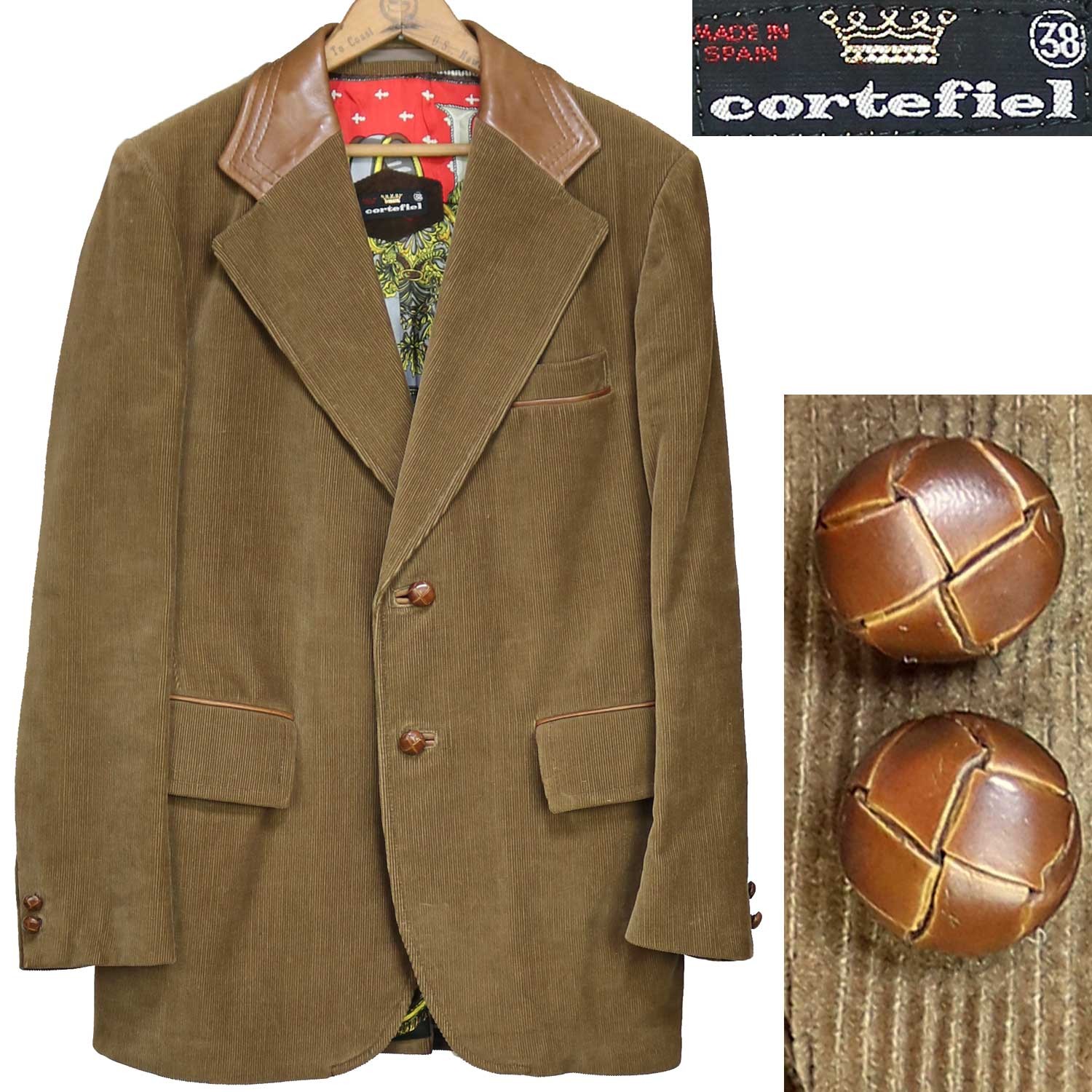 70s Vintage Cortefiel Spain Corduroy Sport Coat Jacket Leather Buttons + Trim 38