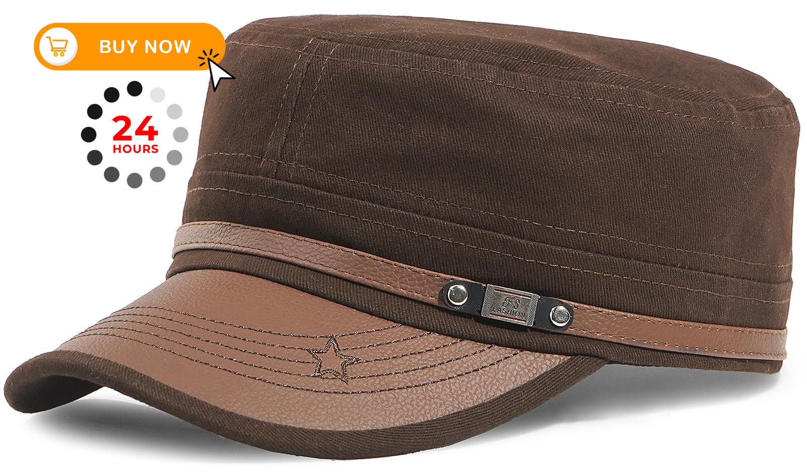 LXOrdora Men Flat Top Hat Cadet Army Cap Twill Cotton One Size, Coffee