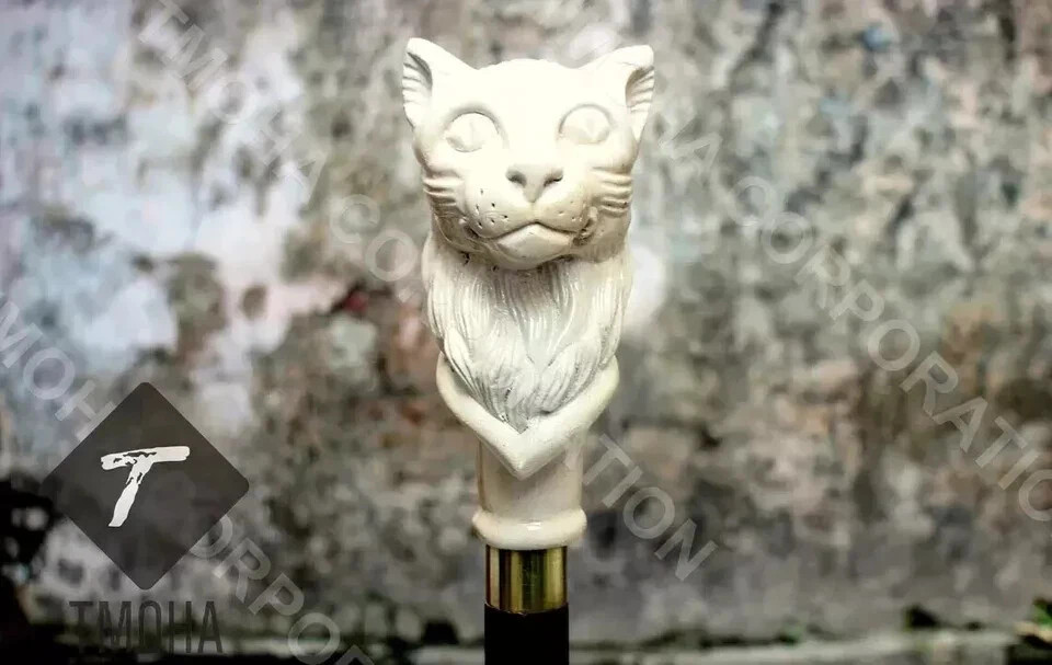 Hand craved cat handle wooden walking cane cat animal walking stick Christmas gf