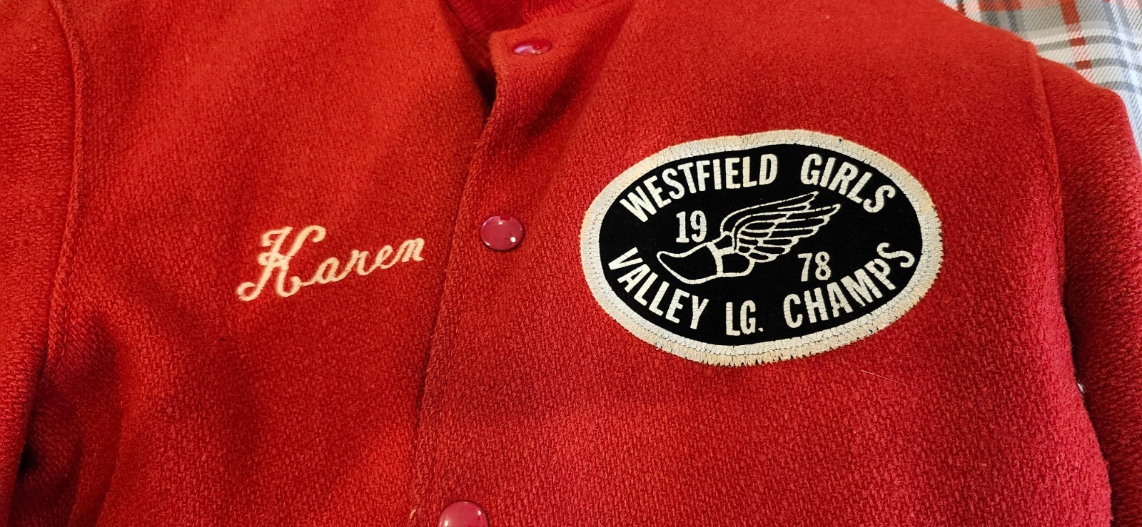 Vintage Delong 1978 Varsity Track Jacket Womens 34 Red and White Wool Snapfront