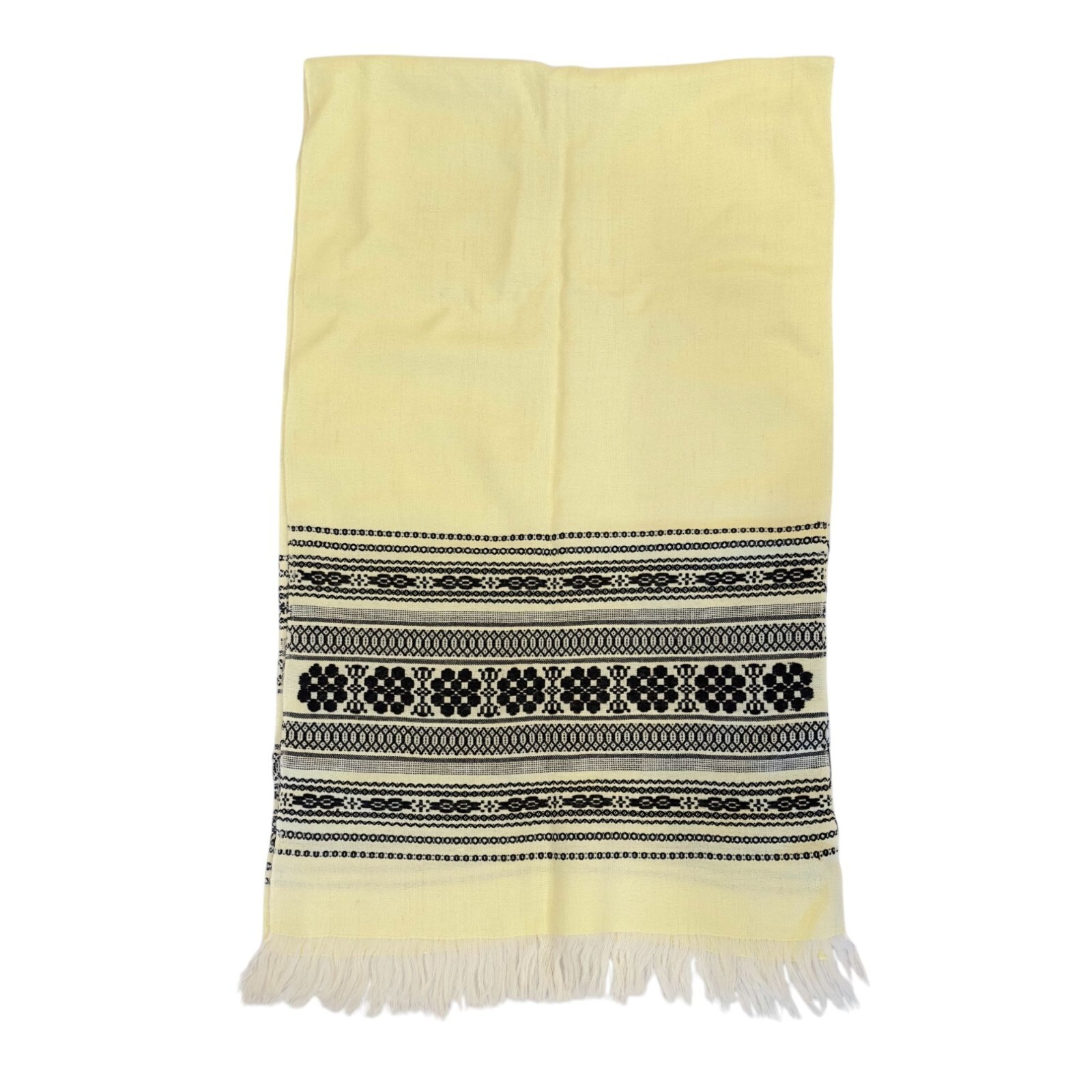 Vintage Woven Wool Shawl Cream White Black Geometric Floral Design With Fringe