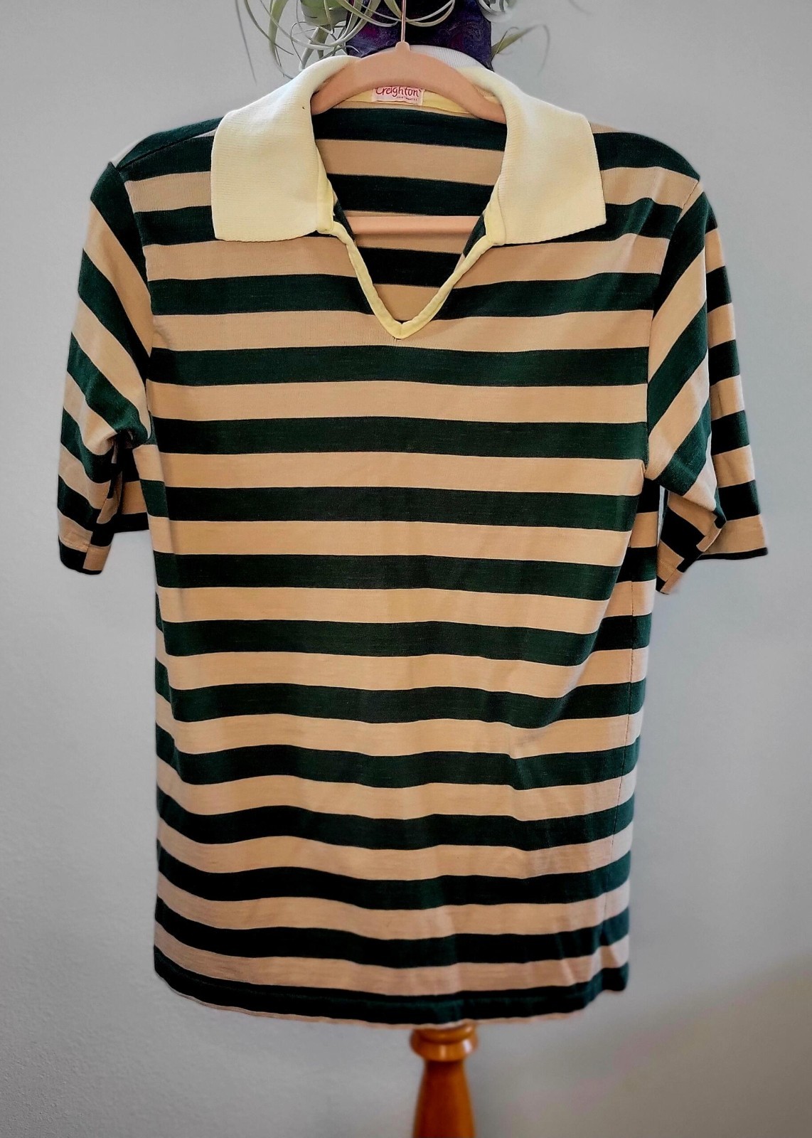 Vintage 70s Creighton Shirt Makers Mens Striped Polo Johnny Collar Green Tan M L