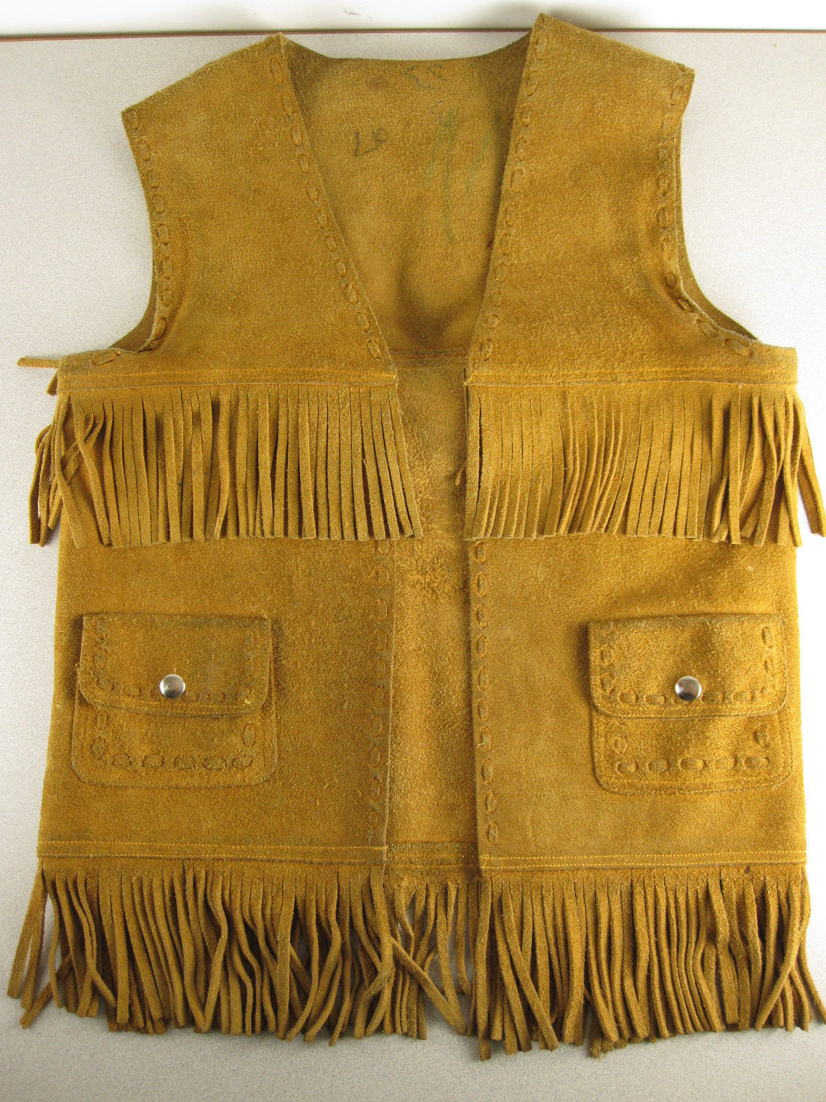 Vtg 100% Leather Western Fringe Vest Cowboy Indian HIGH QUALITY Authentic Pocket