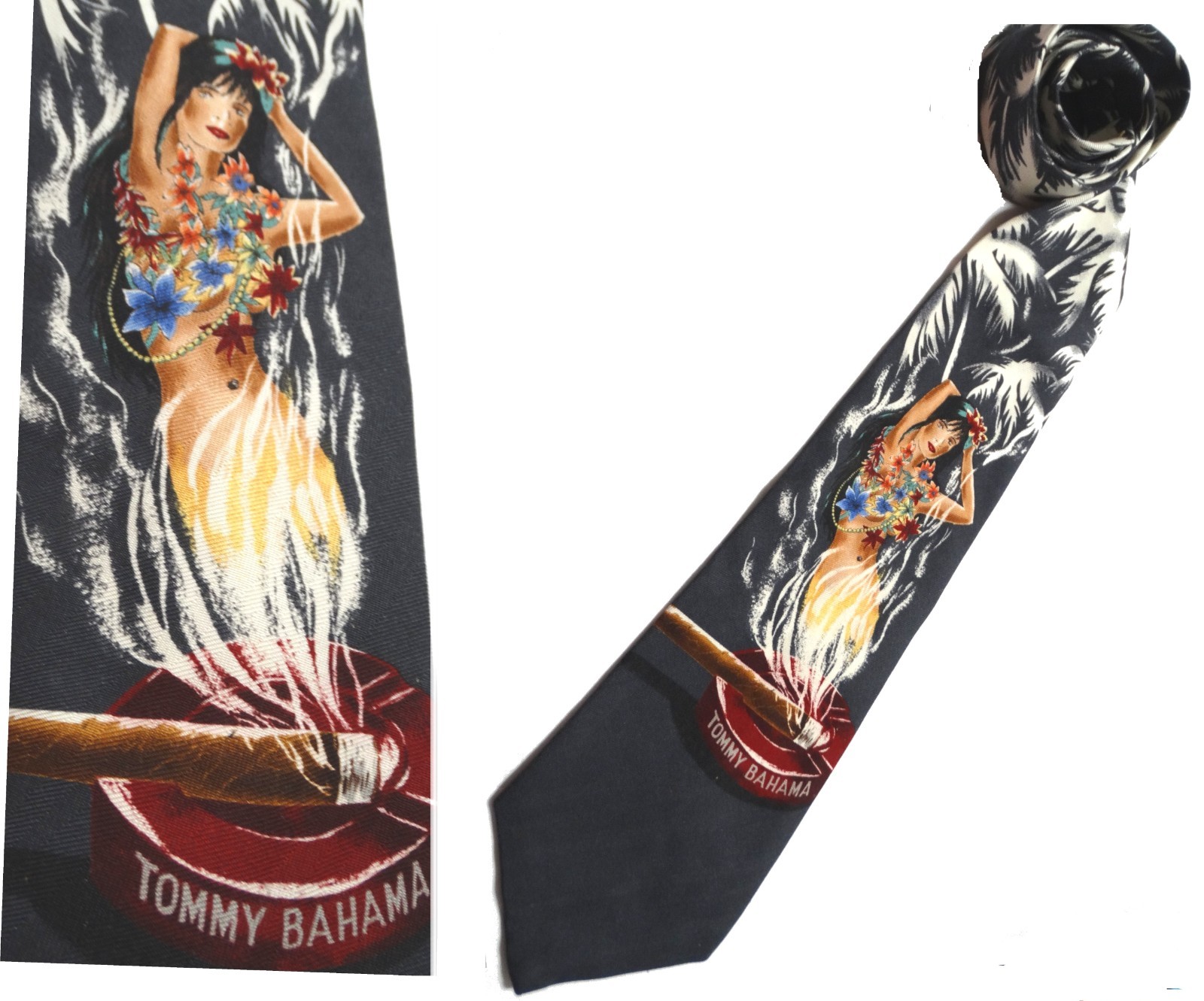 Designer Tommy Bahama Neck Tie Hawaiian Pinup Girl 100% Silk Cigar Ashtray