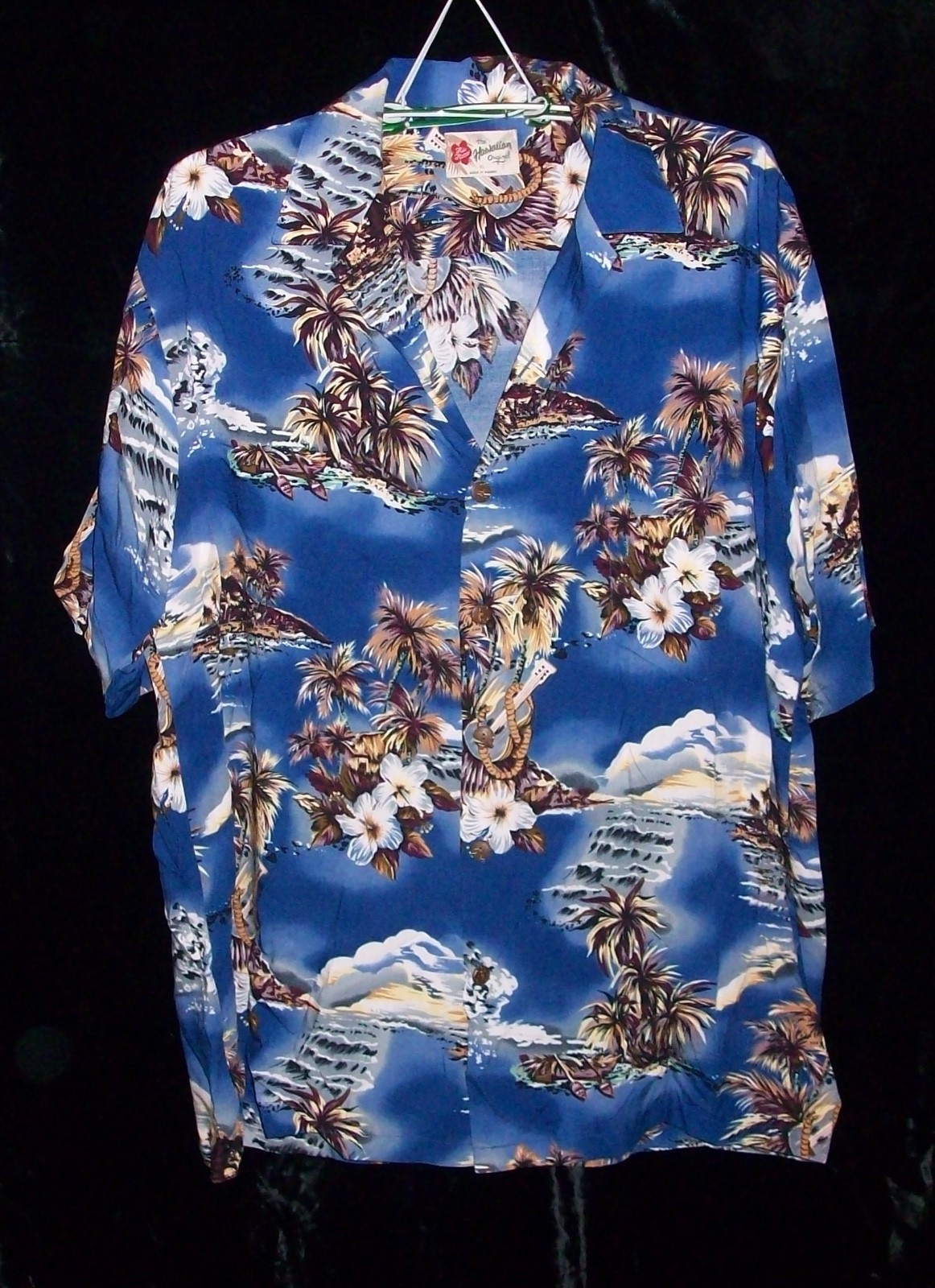 Vintage 90s Men’s Hilo Hattie Rayon Blue Hawaiian Shirt XL Hibiscus & Palm Trees