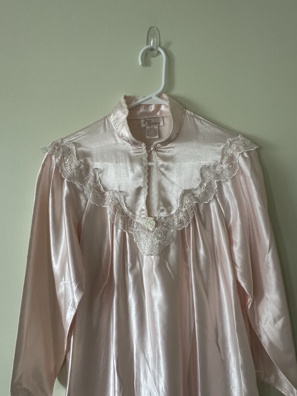 Vintage Ilise Stevens Nightgown Pink Satin Lace Long Sleeve Button Collar Large