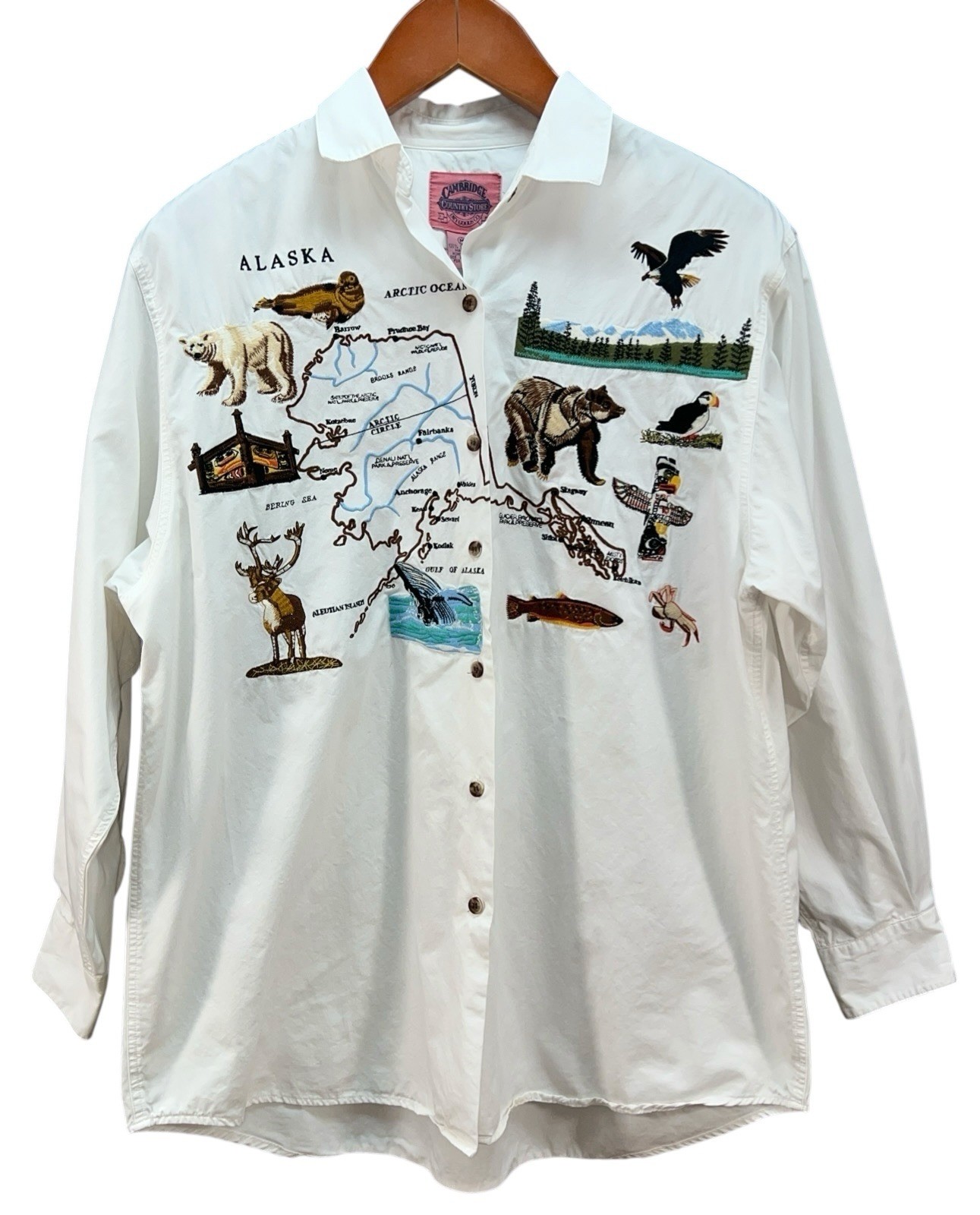 Vtg Cambridge Dry Goods White Shirt Womens Size M Embroidered Alaska Wildlife
