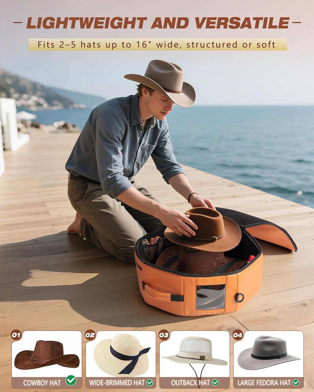 Vegan Leather Hat Box Fits 4 Cowboy or Wide-Brim Hats, Padded Storage Case with