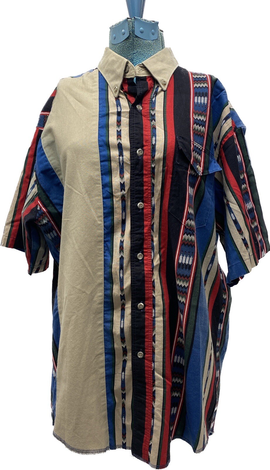 👀 Rare1970s Wrangler Brushpopper ButtonUp Stripe 16 1/2 Aztec Cape X Long Tails